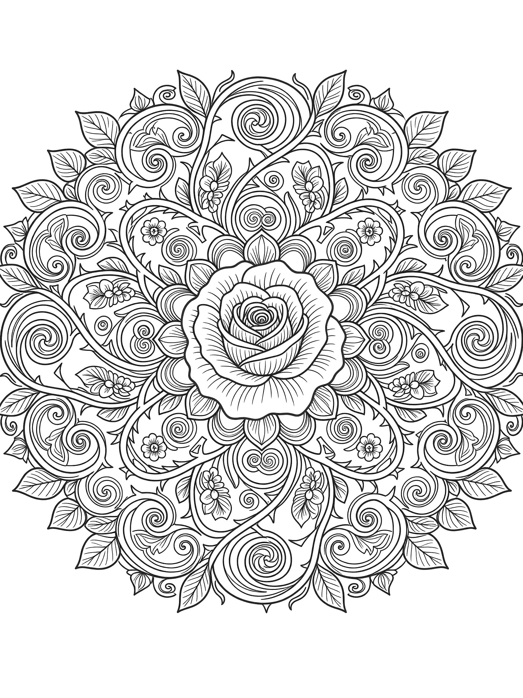 Symmetrical ornate rose mandala coloring page featuring a central blooming rose with layered petals, vines, leaves, and floral motifs in thick black outlines on white background.