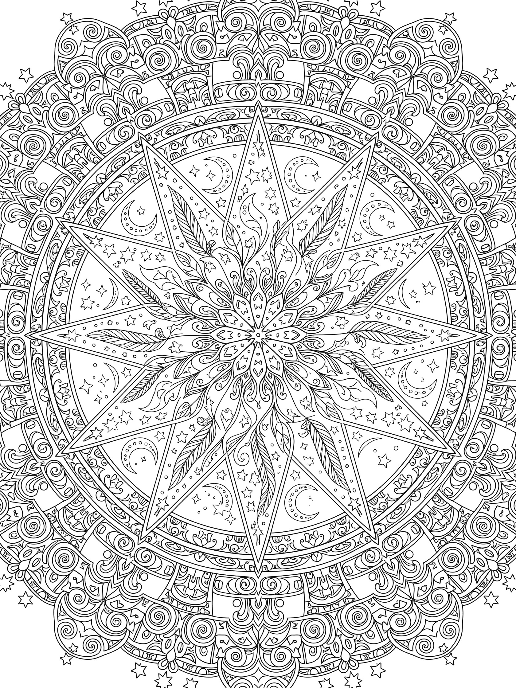 Detailed line art coloring page of a symmetrical ornate star mandala featuring radiant star center, curling feathers, twinkling moons, swirling vines, and filigree patterns.