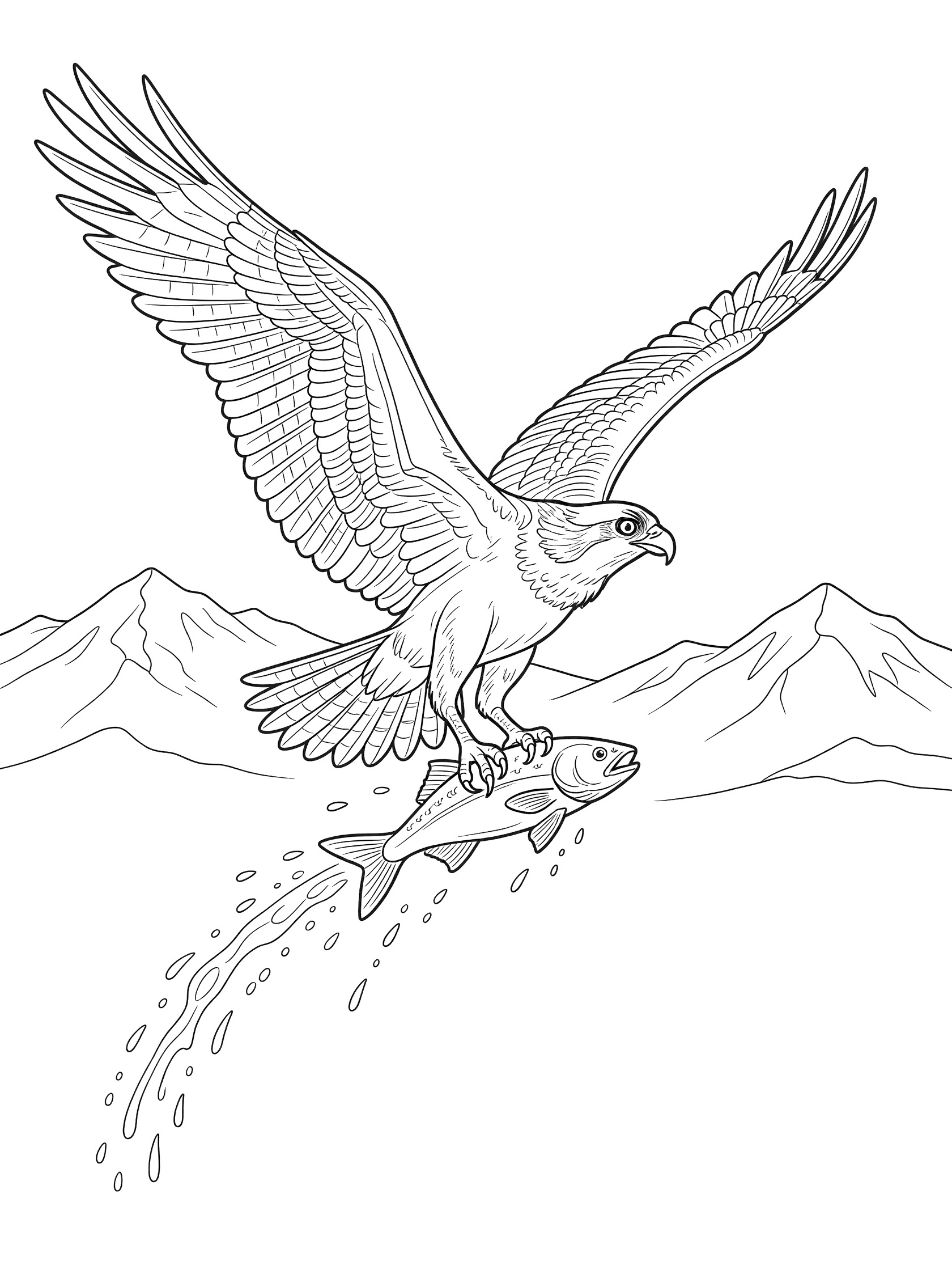 Black and white coloring page of an osprey bird flying upward holding a fish in its talons with water droplets and distant mountains.