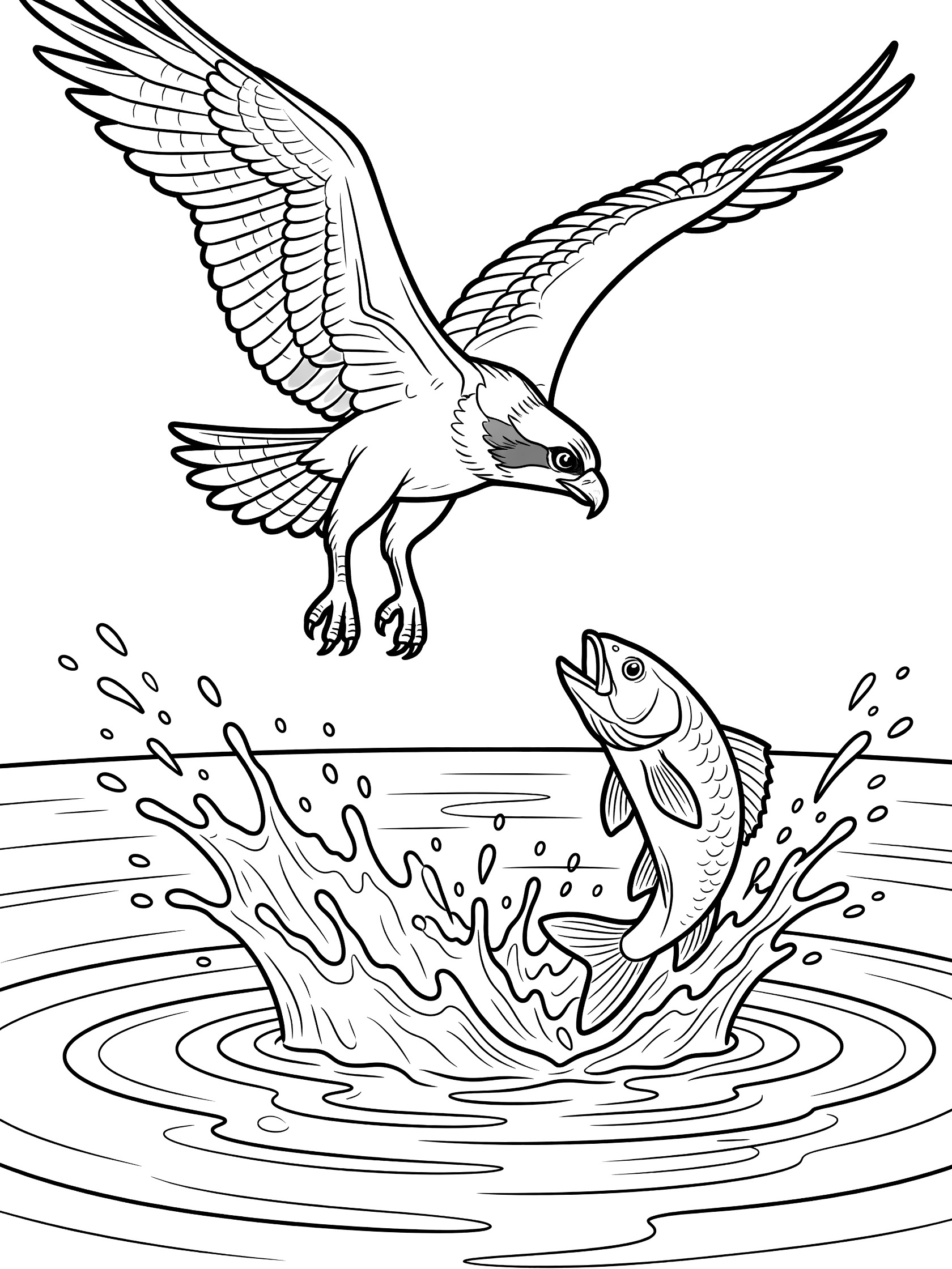 Black and white line art coloring page showing an osprey hawk diving headfirst toward a fish leaping from rippling water with splashes.