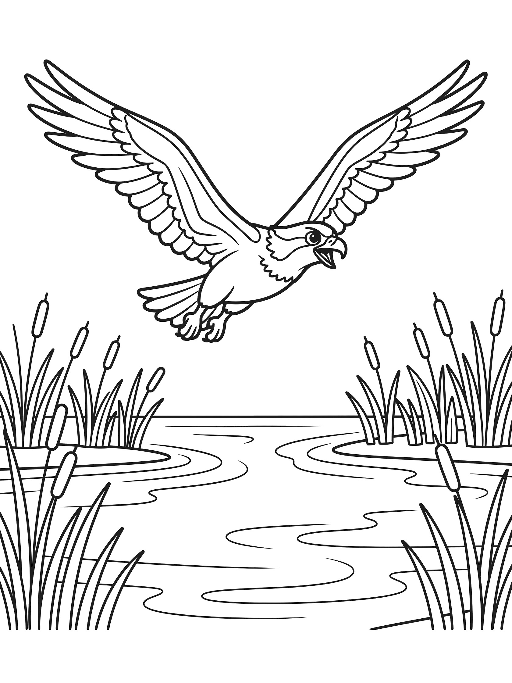 Black and white line art coloring page showing a cartoon osprey in flight with open wings and beak over a lake with gentle waves and tall reeds at the edges.