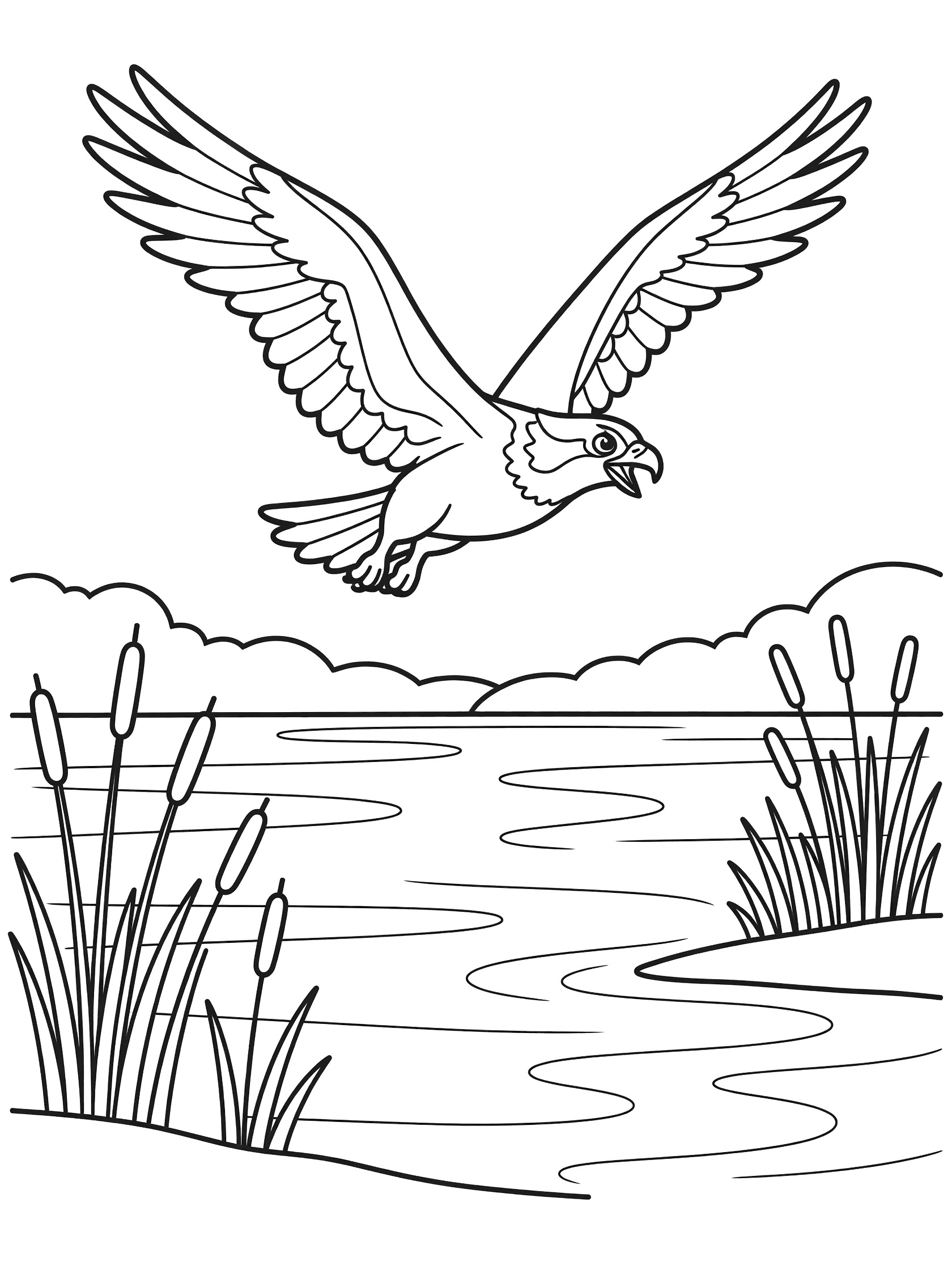 Black and white line art coloring page showing a cartoon osprey with wings spread flying above a river with gentle waves and tall reeds along the edge.