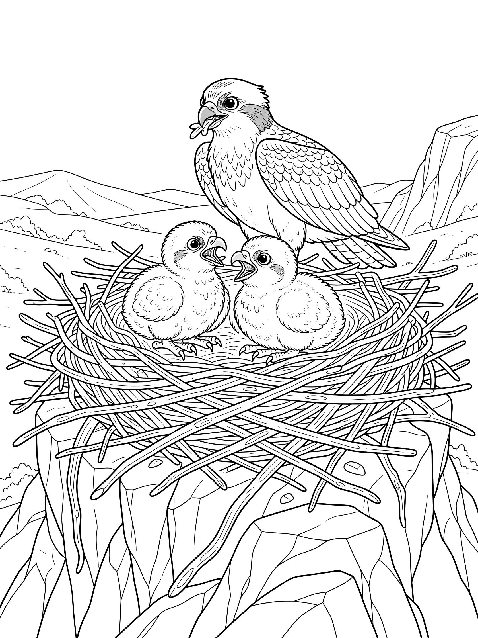 Black and white line art coloring page showing an osprey bird standing in a twig nest on a rocky cliff, feeding two open-beaked chicks.