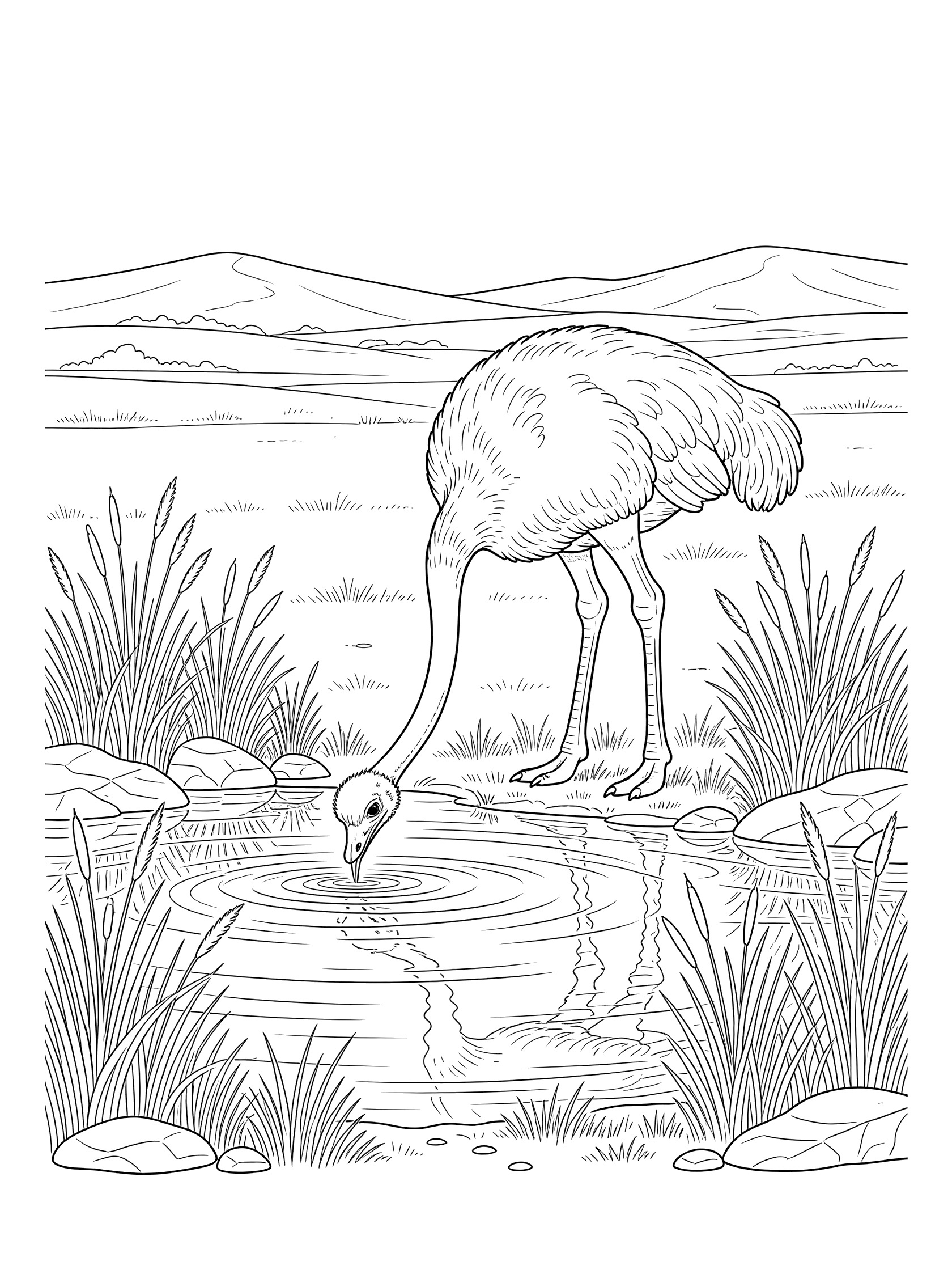 Black and white line art coloring page showing an ostrich bending its long neck to drink from a pond surrounded by reeds and rocks, with rippling water reflections and distant hills.