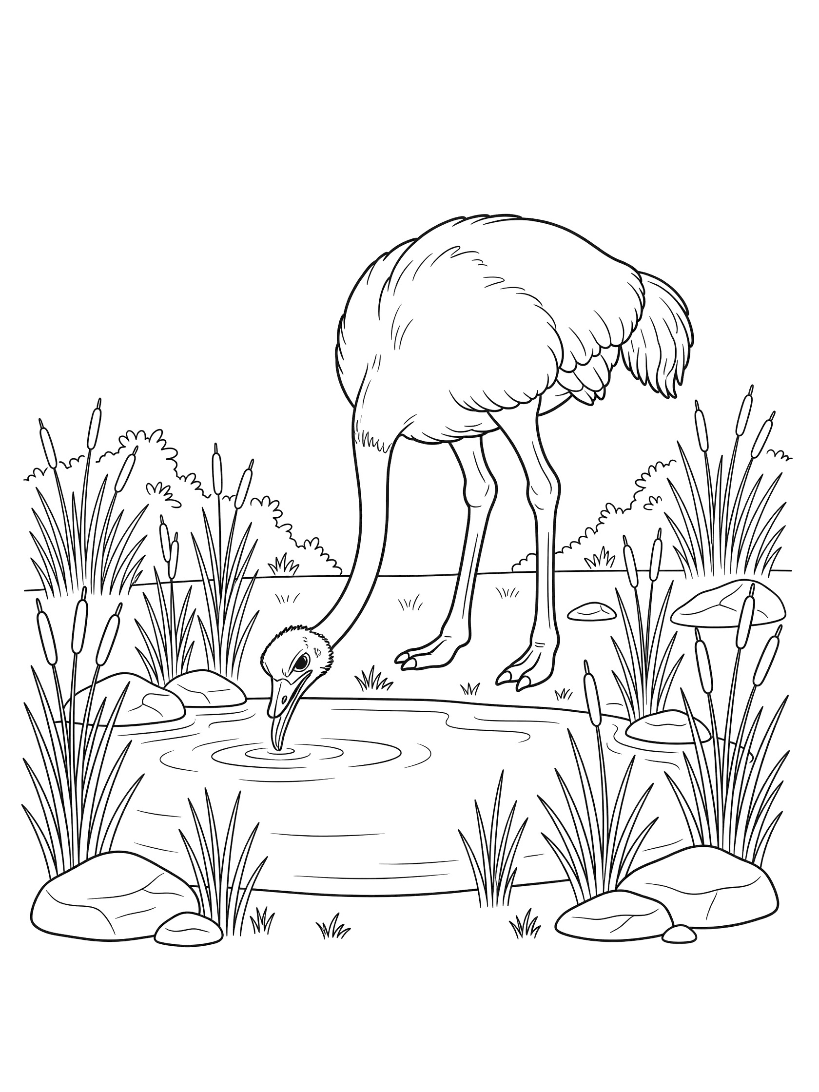 Black and white coloring page of an ostrich with long neck drinking from a pond surrounded by reeds, rocks, and gentle water ripples.