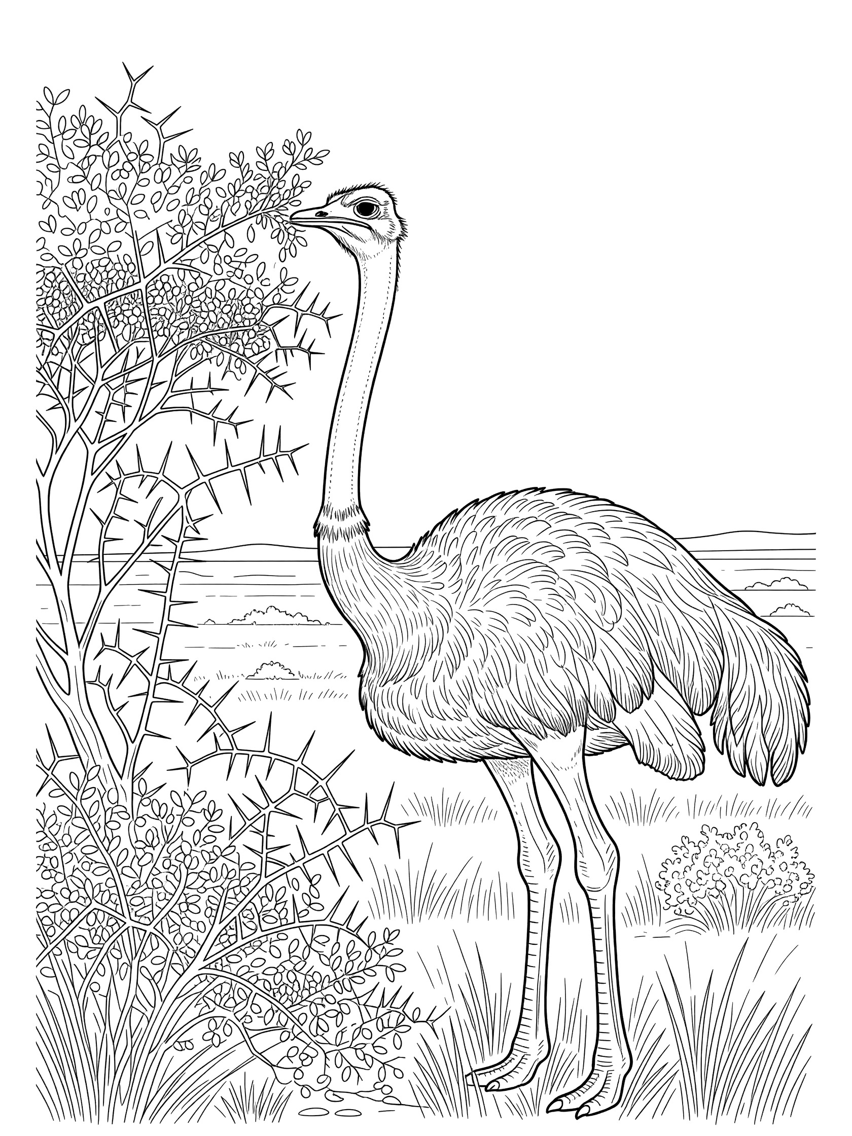 Black and white line art coloring page showing a tall ostrich with long neck eating leaves from a bush with thorny branches, grass and plains in background.