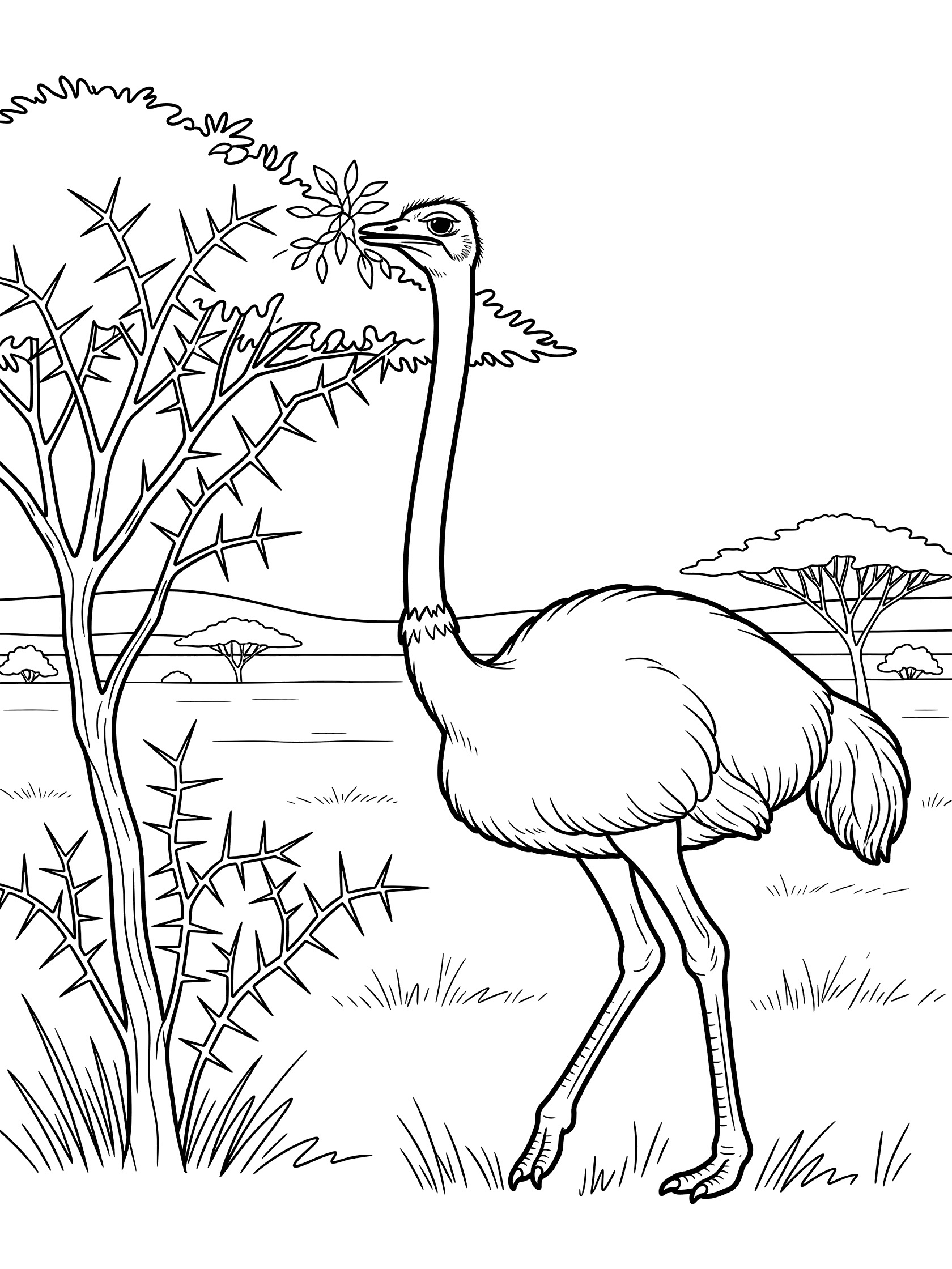 Black and white line art coloring page showing an ostrich with long neck reaching for leaves on a thorny bush, standing on grassy plain with distant trees.
