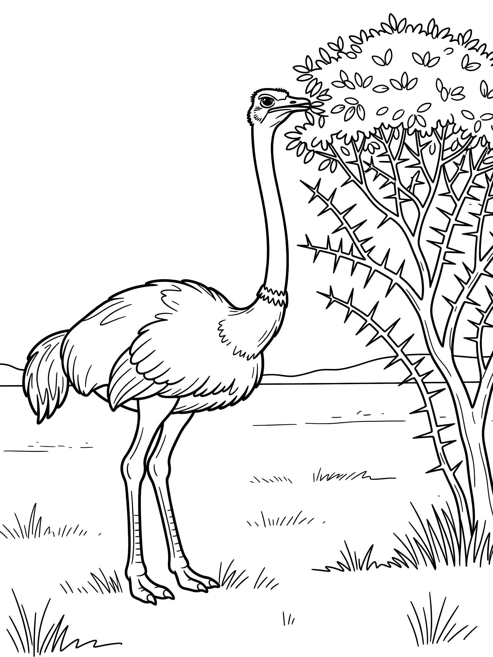 Black and white line art coloring page showing an ostrich with long neck reaching to eat leaves on a thorny bush, standing on a grassy plain.