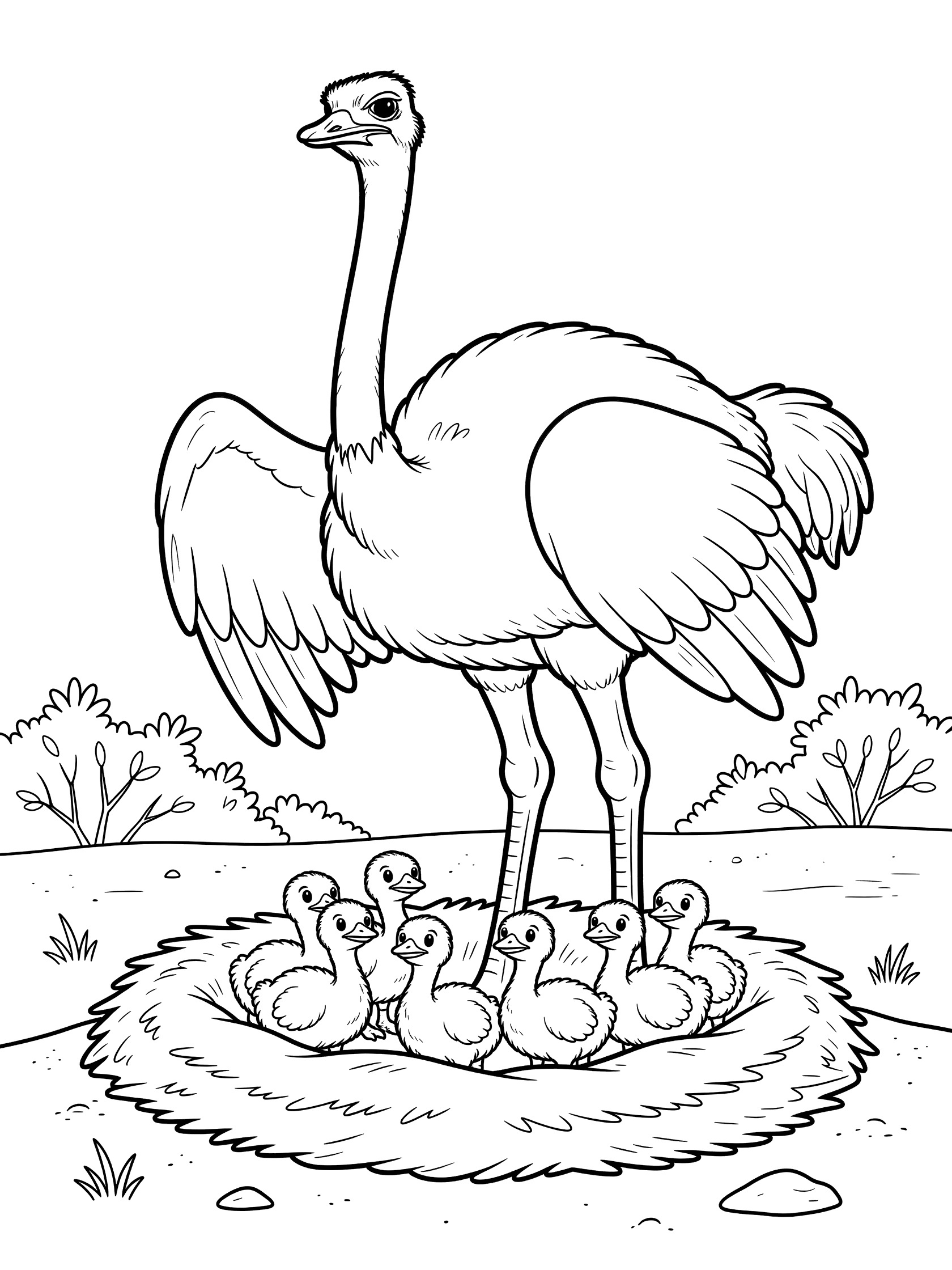 Black and white line art coloring page showing a tall ostrich with spread wings protecting chicks in a round nest surrounded by bushes and rocks.
