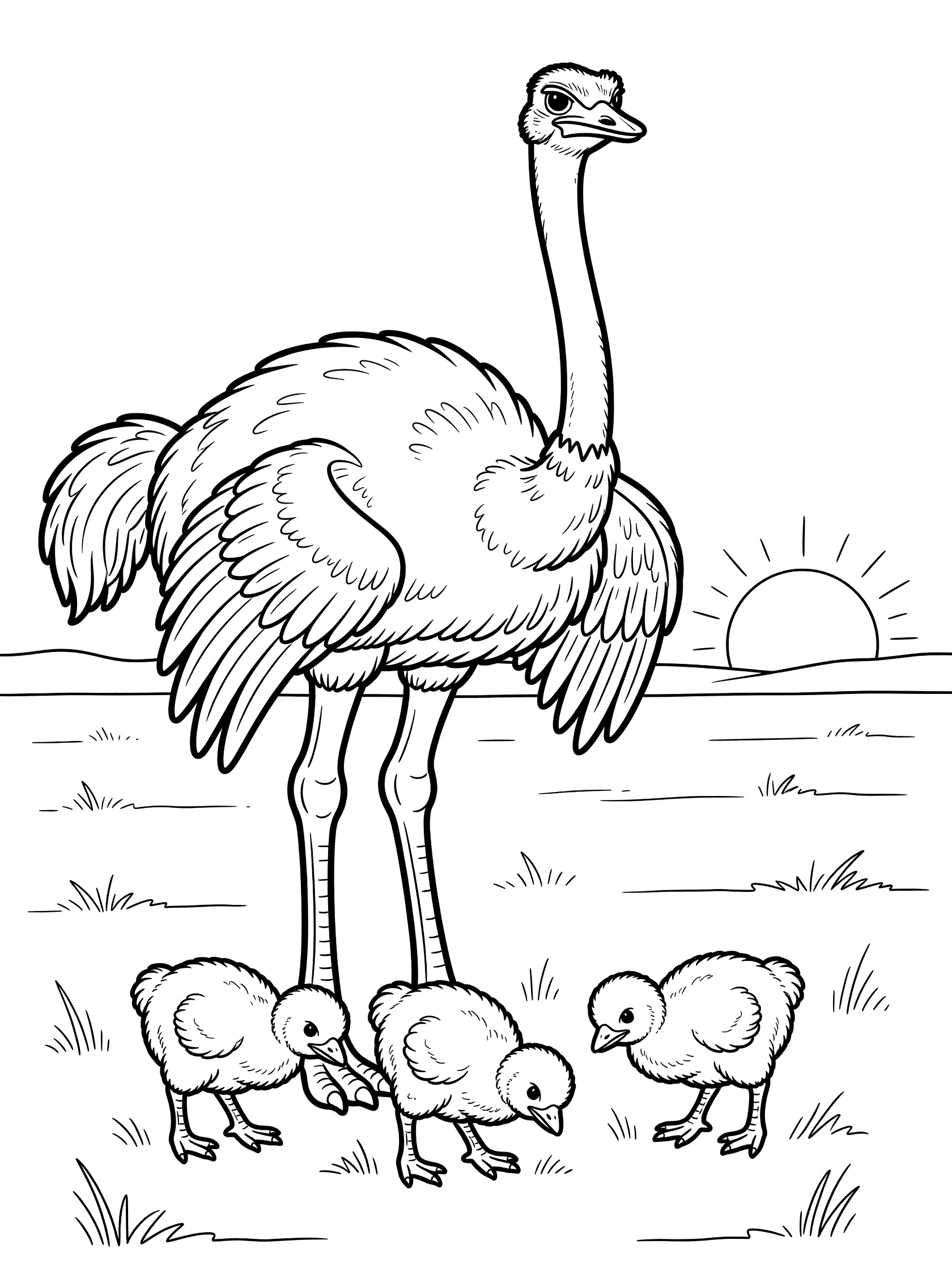 Black and white coloring page of a mother ostrich with long neck protecting three small chicks near grass and a sun on a plain.