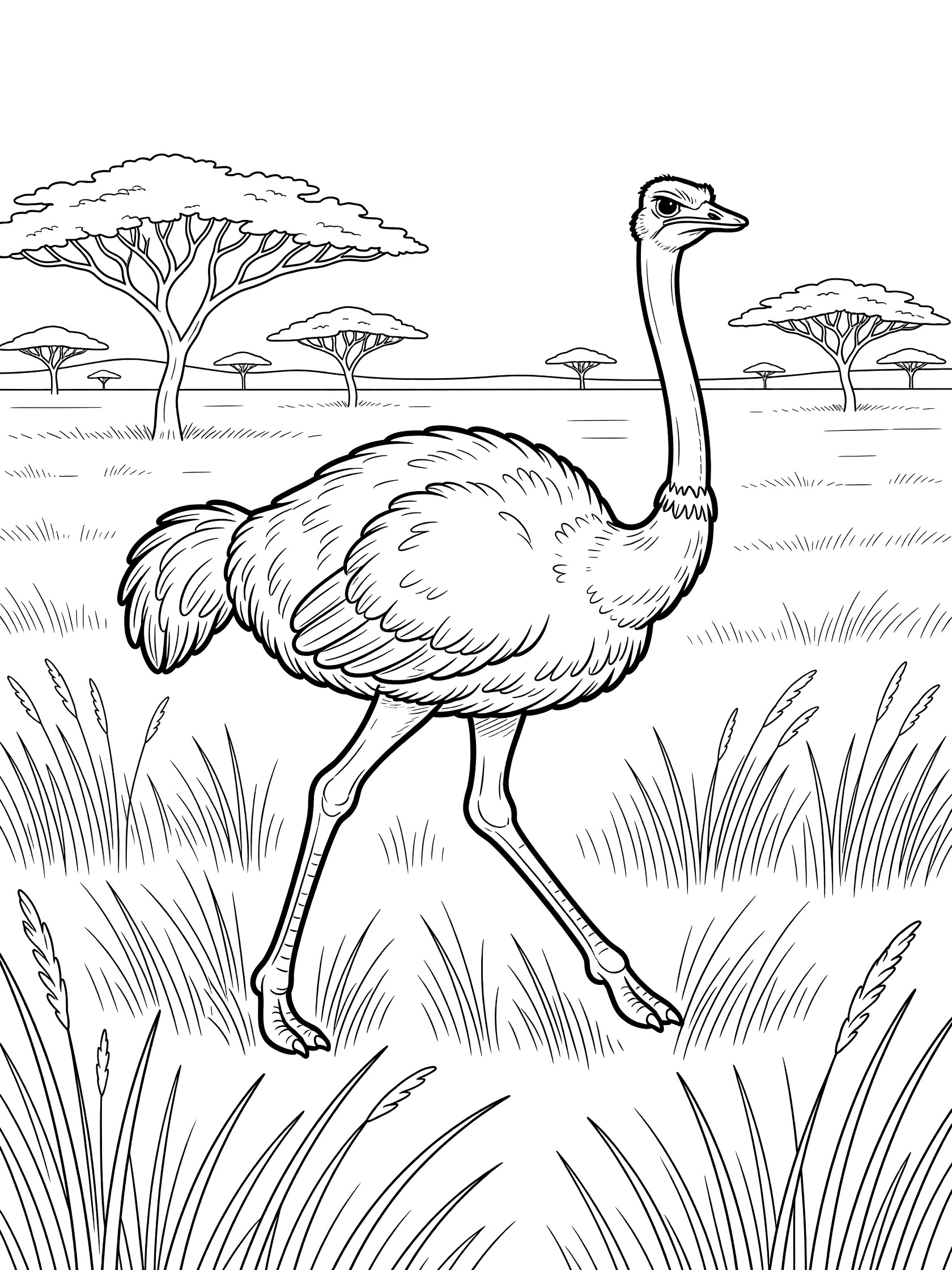Black and white line art coloring page showing a tall ostrich with long legs and fluffy feathers running in grassland with swaying grass and distant acacia trees.