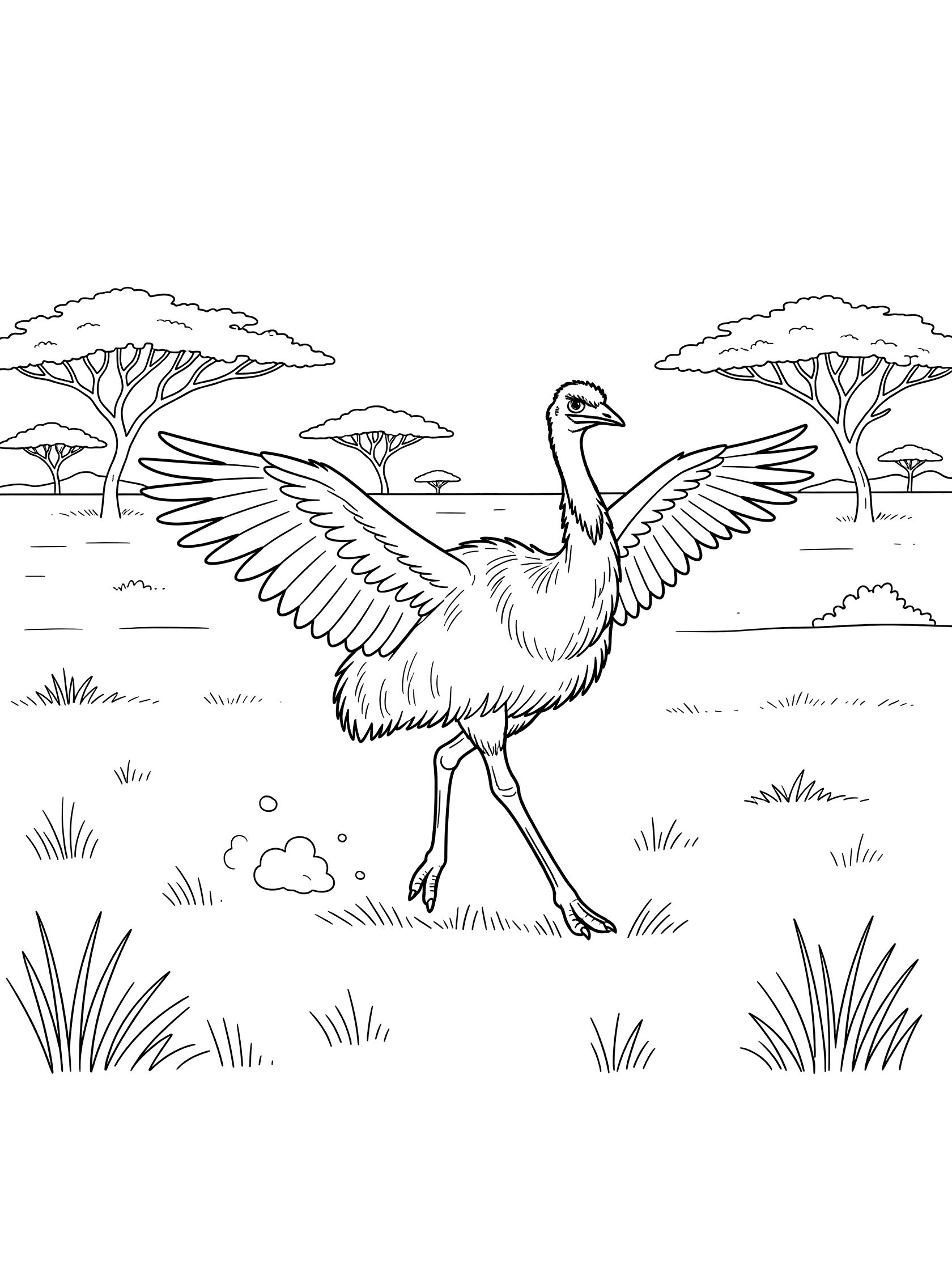 Black and white line art coloring page showing a large ostrich with wings spread wide running on grassy plains, kicking up dust, with distant acacia trees and grass clumps. Emu themed black and white printable line art