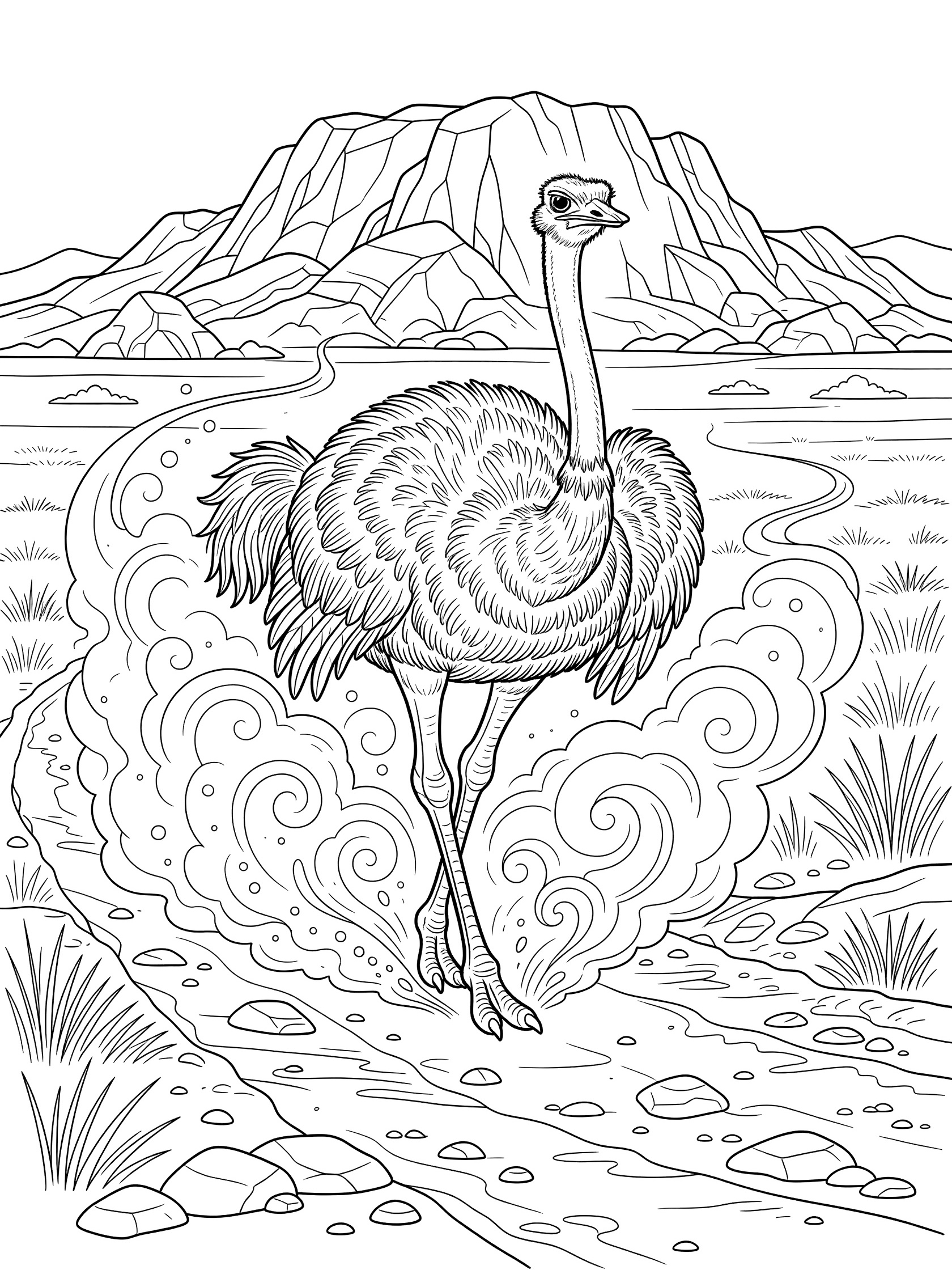 Black and white line art coloring page showing a detailed ostrich strutting with wings spread and dust swirling around its legs, rocky mountains and path in background.