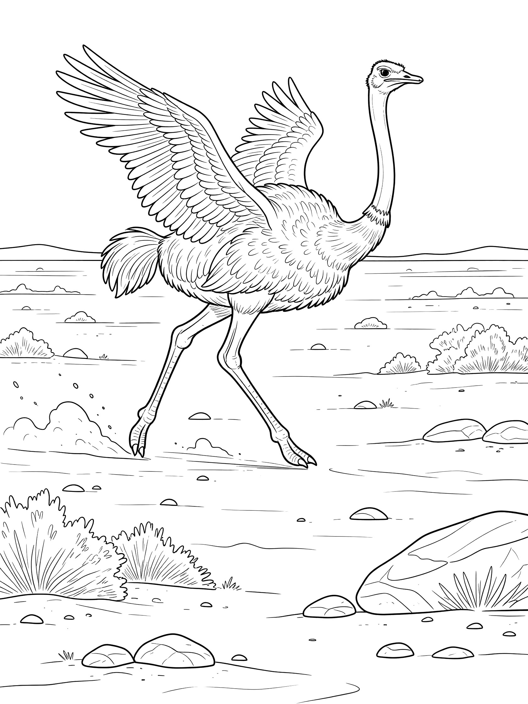 Black-and-white coloring page showing an ostrich running swiftly with wings spread across open sandy plains of the Kalahari Desert, rocks and low shrubs in foreground.
