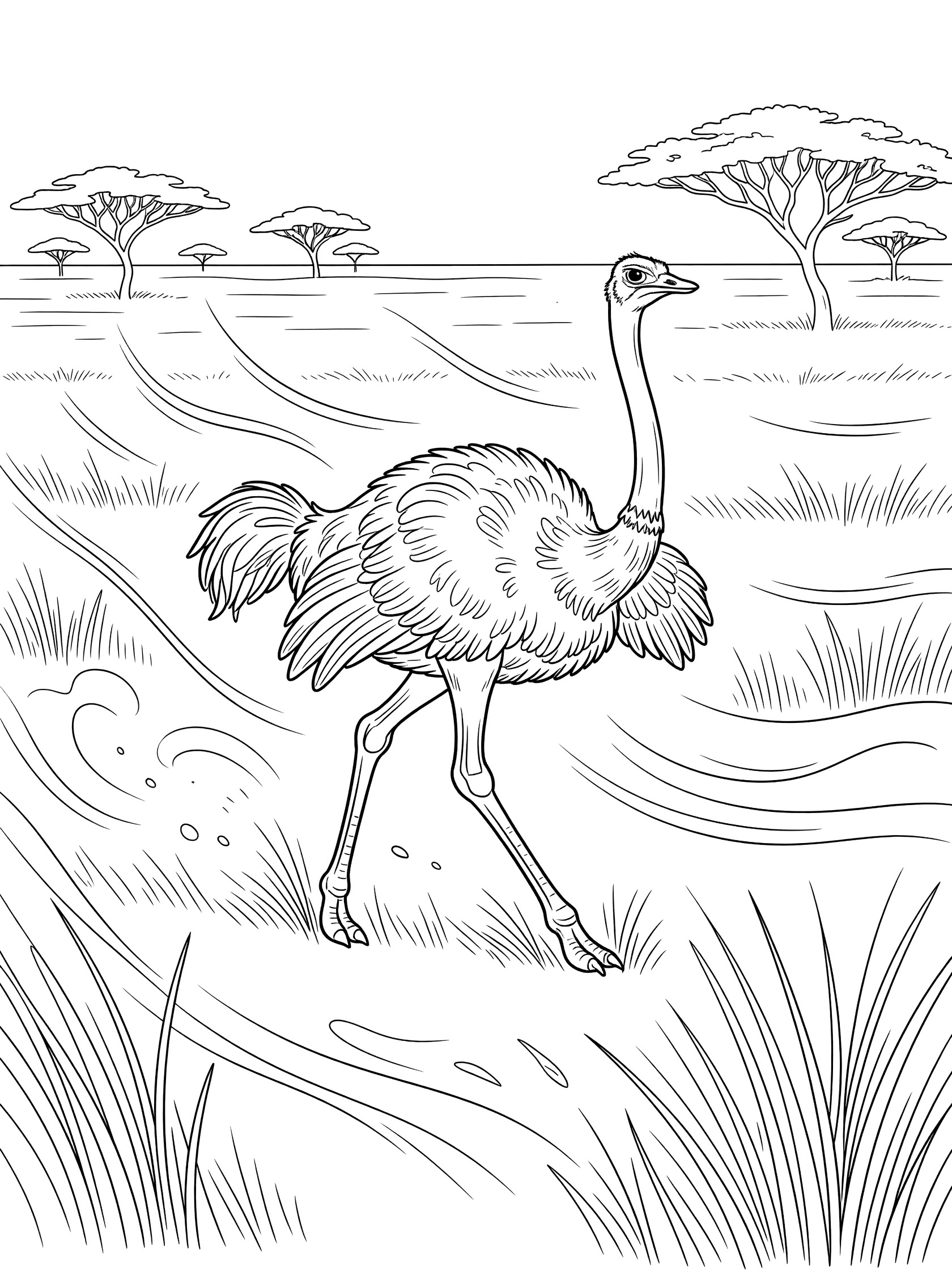 Black and white line art coloring page showing an ostrich walking in tall grass with distant acacia trees and ground paths on a white background
