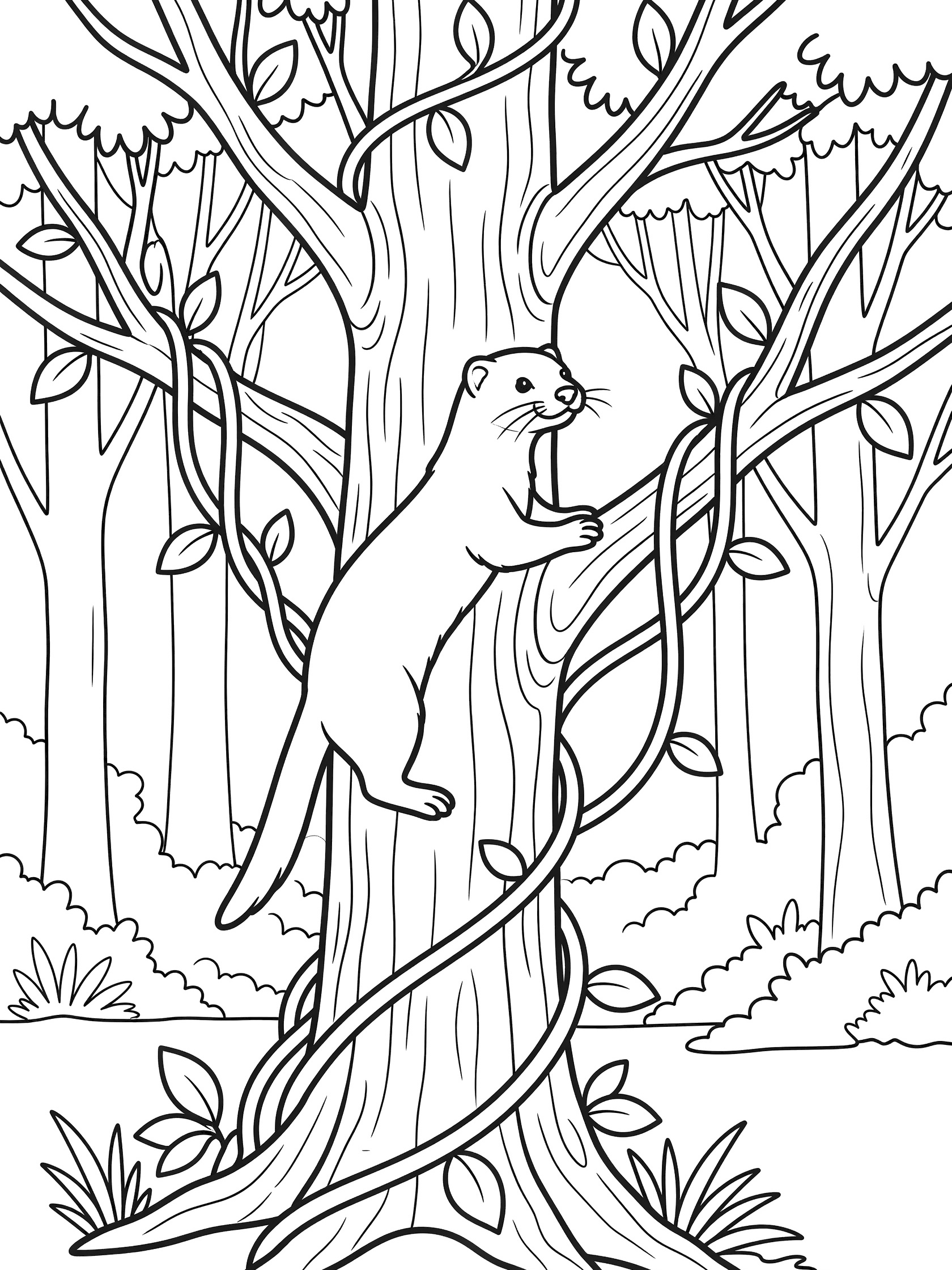 Black and white line art coloring page showing an otter climbing up a tall tree trunk surrounded by branches, vines and forest trees. Mink themed black and white printable line art