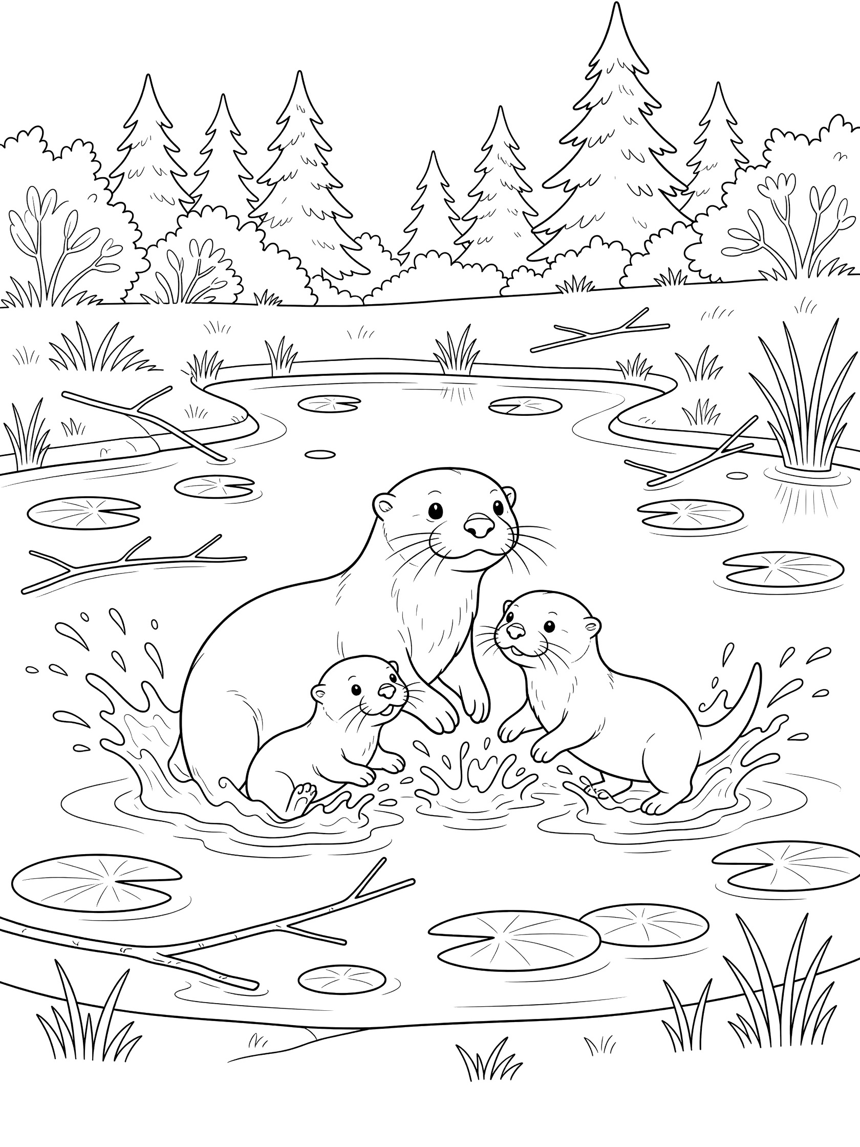 Black and white line art coloring page showing mother otter with two baby otters playing and splashing in a forest pond surrounded by lily pads, twigs, reeds, and trees.