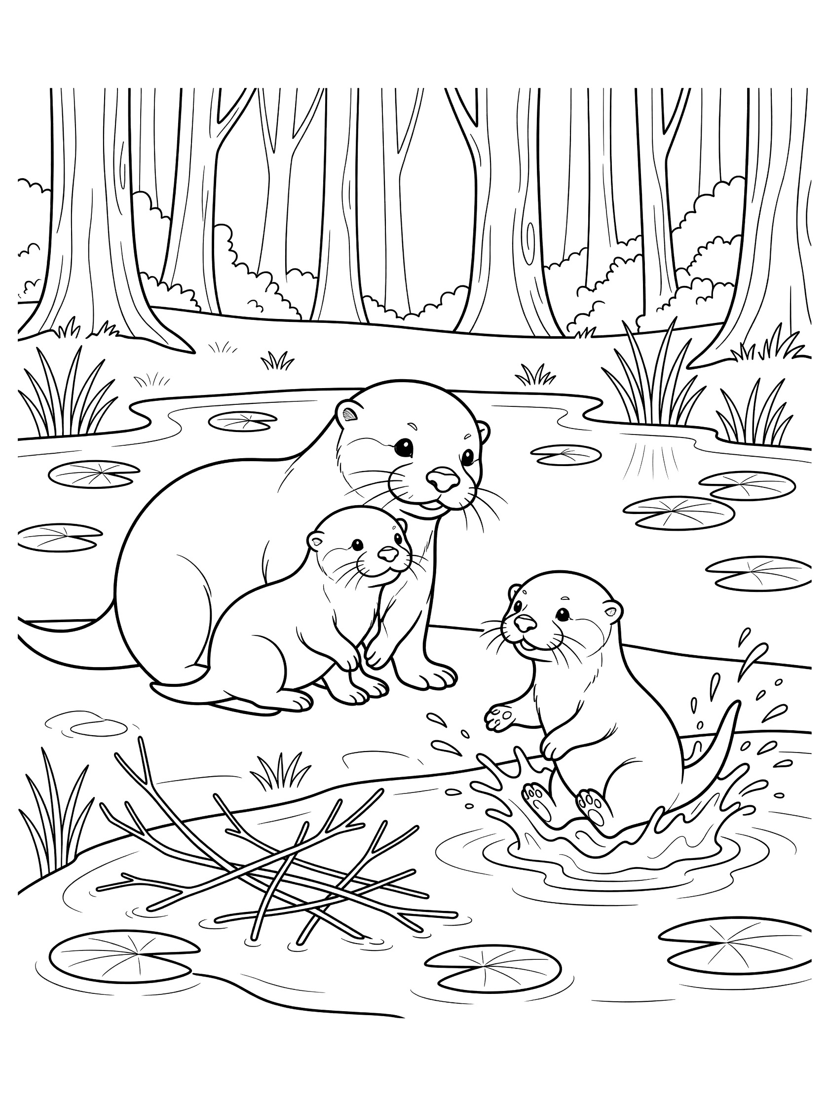 Black and white line art coloring page showing mother otter with two baby otters playing and splashing in a forest pond with lily pads and twigs
