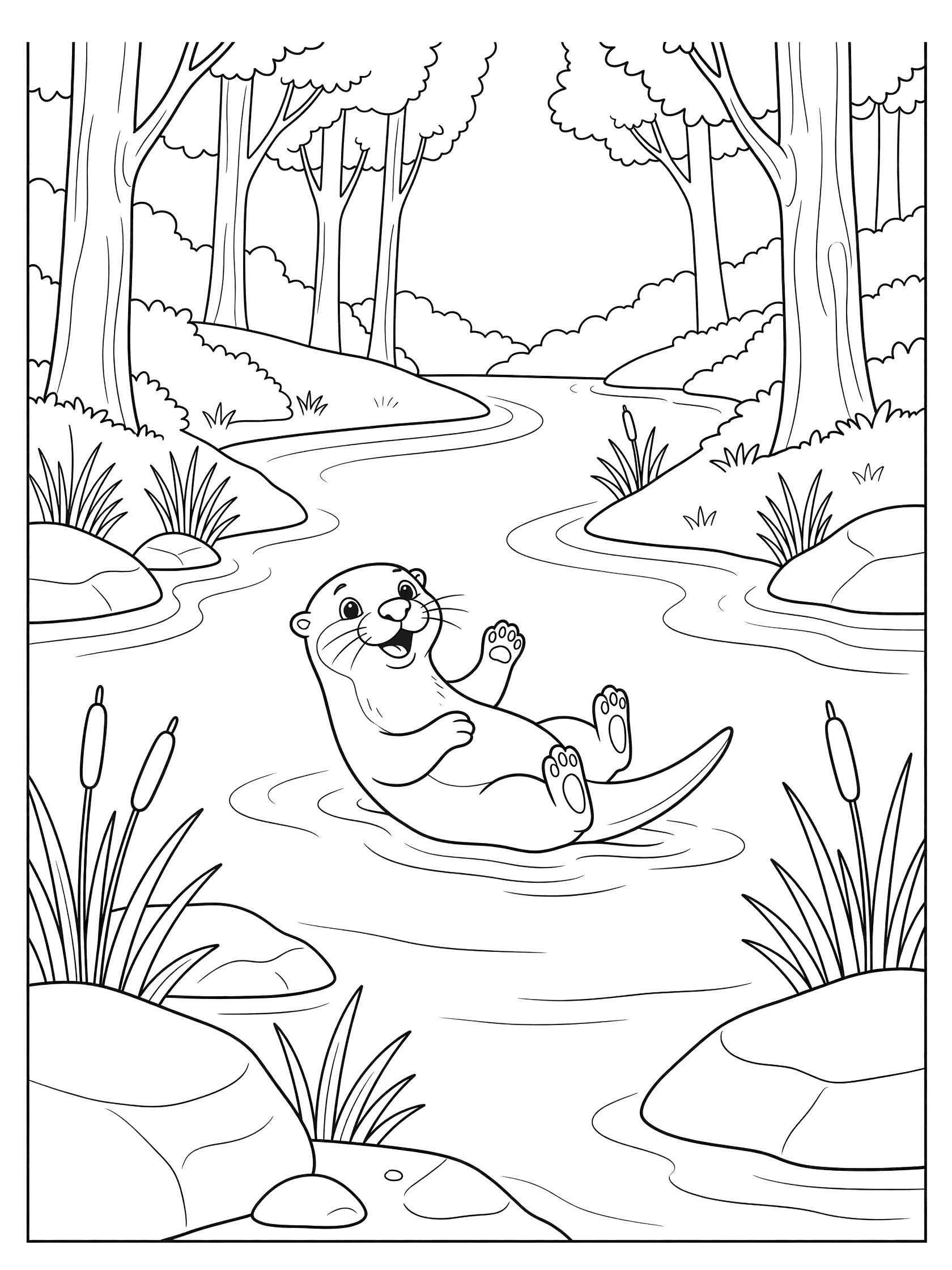 Black and white line art coloring page showing an otter floating on its back in a stream surrounded by rocks, reeds, and trees in a forest.