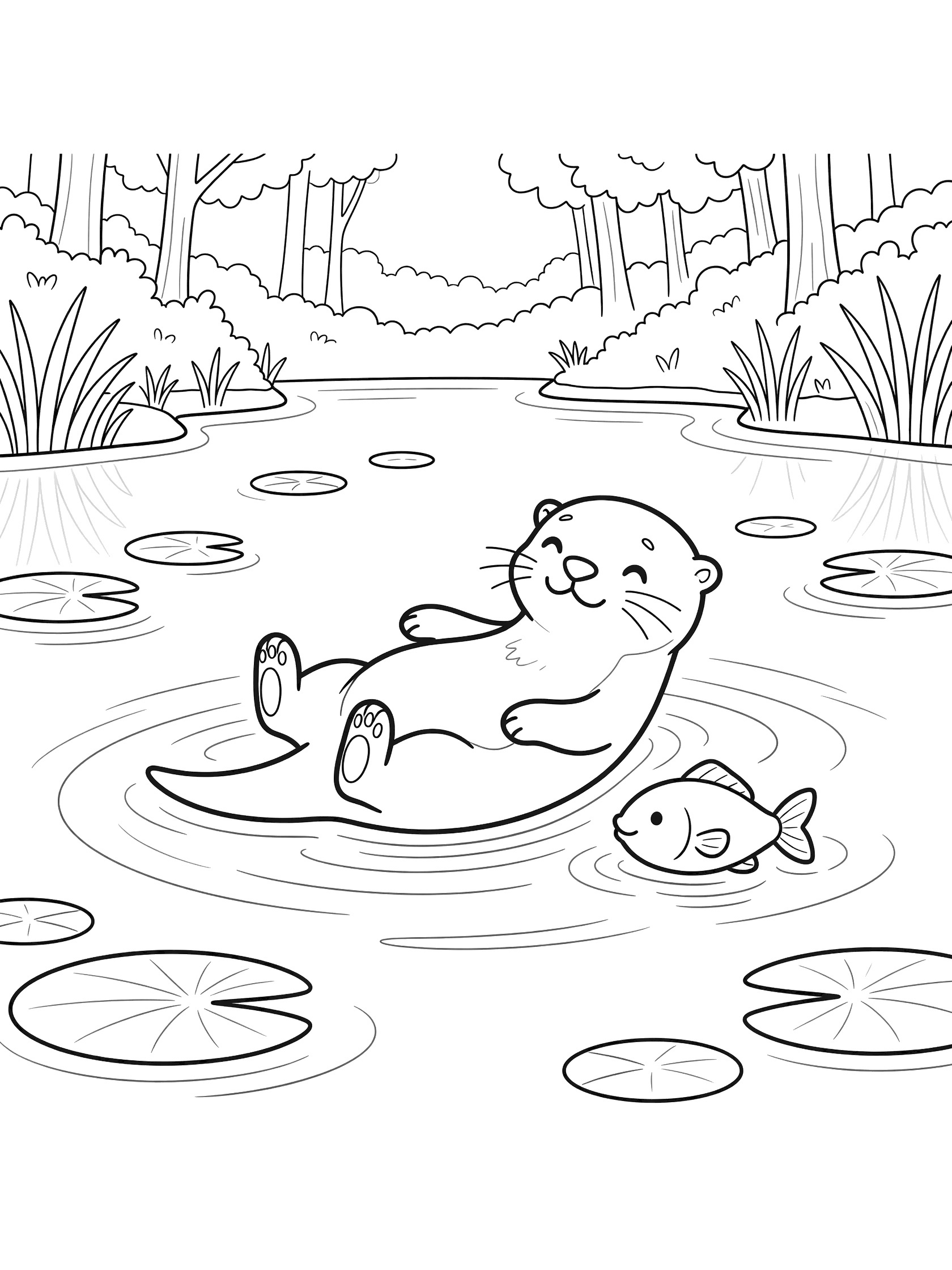 Black and white line art coloring page showing a relaxed otter floating on its back in calm pond water, holding a small fish next to it, with lily pads and gentle ripples around.