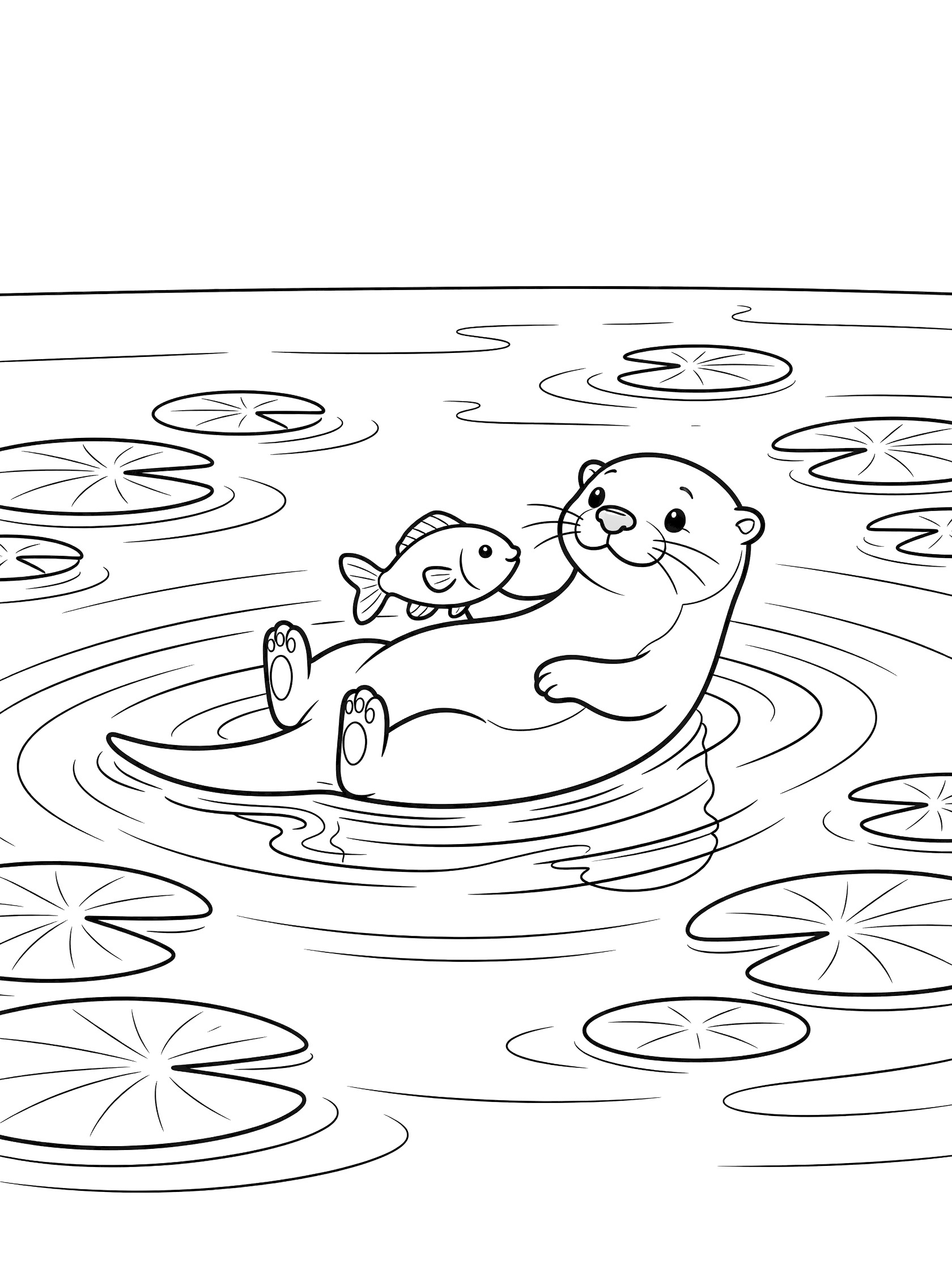 Black and white line art coloring page showing an otter floating on back holding a small fish, surrounded by lily pads and water ripples.