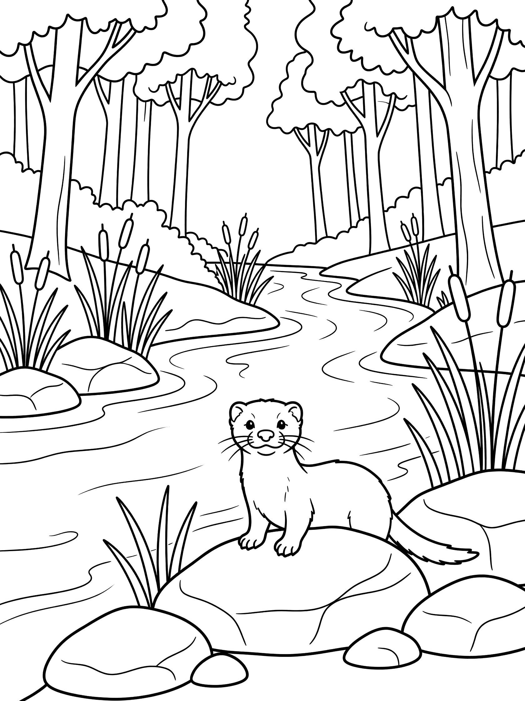 Black and white line art coloring page showing a cute otter on a rock in a forest stream with water, reeds, trees, and stones. Mink themed black and white printable line art