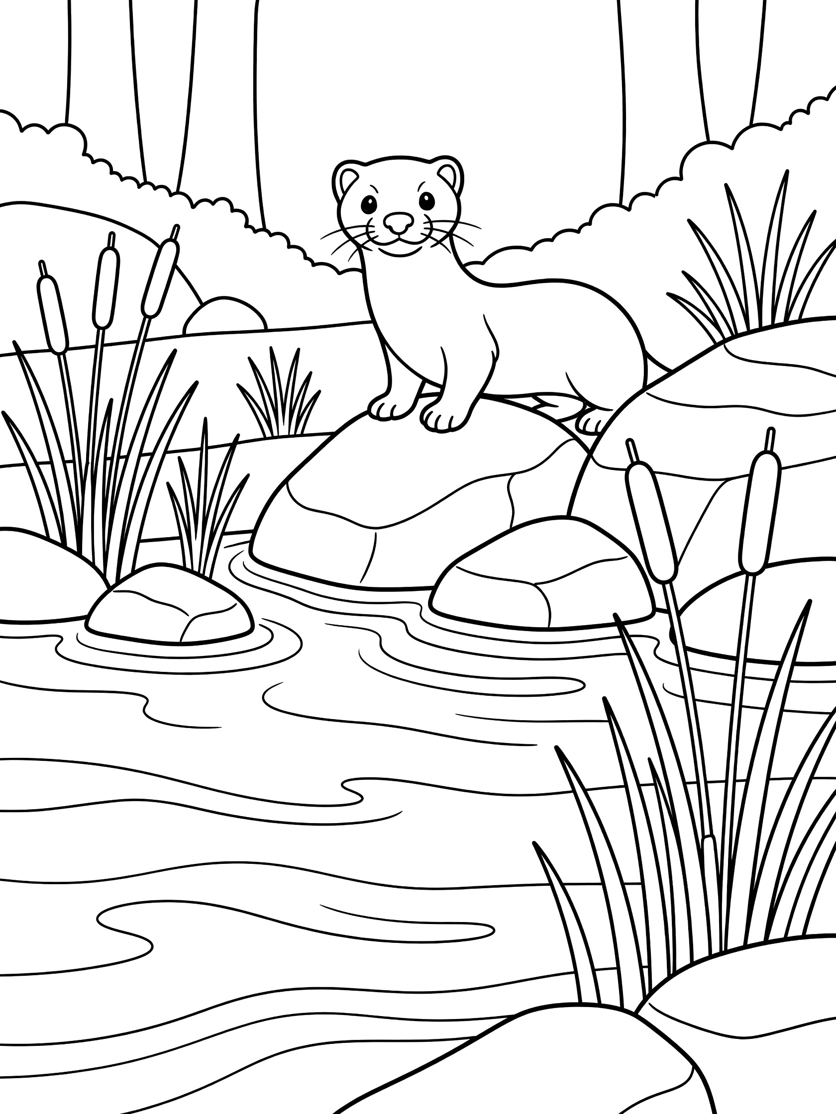 Black and white line art coloring page showing an otter on rocks by a flowing stream with reeds, rocks, and forest trees. Mink themed black and white printable line art