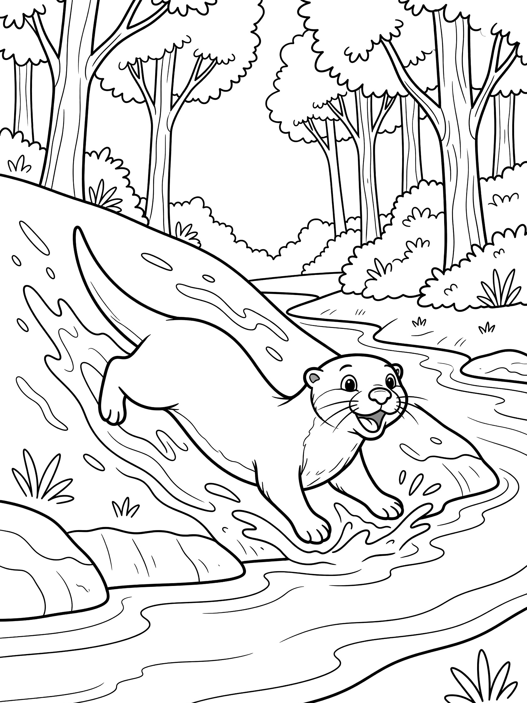 Black and white line art coloring page showing an otter joyfully sliding down a muddy bank into a forest stream surrounded by trees and bushes.
