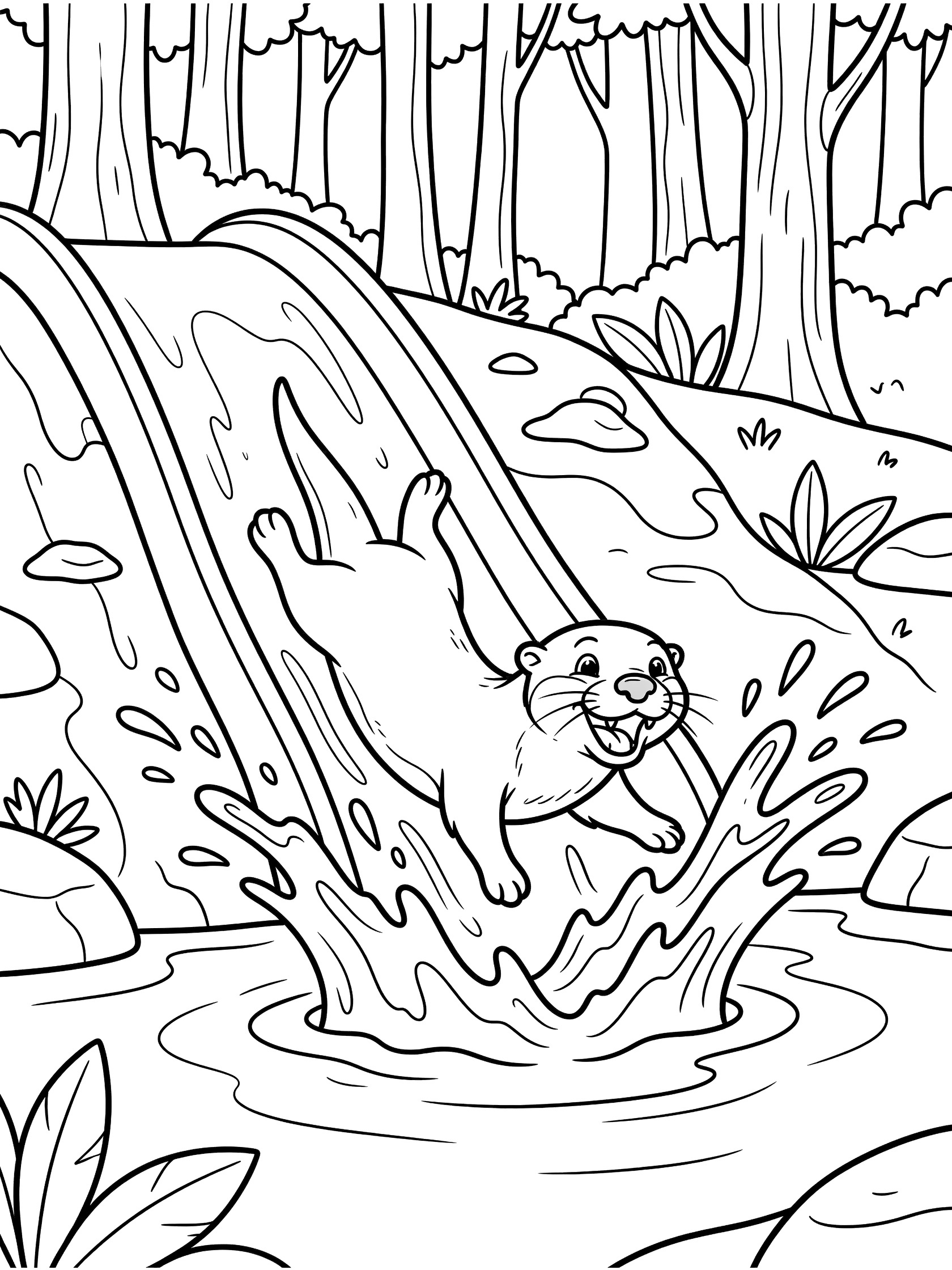 Black and white line art coloring page showing a grinning otter sliding headfirst down a steep muddy bank into a forest pond with big splash waves, trees and plants around.