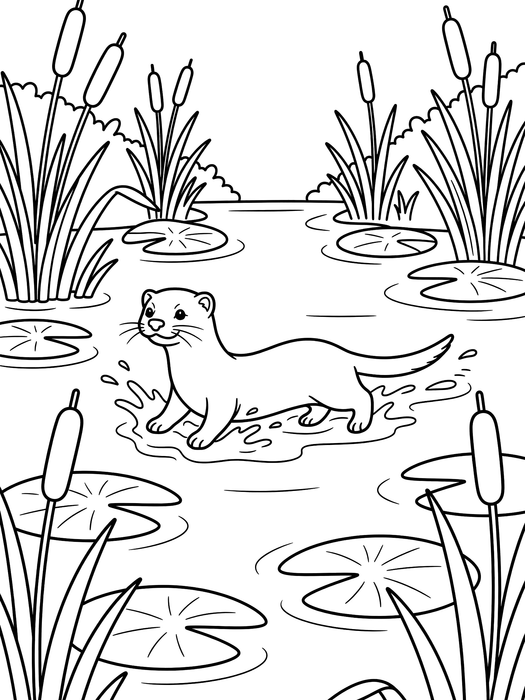 Black and white line art coloring page showing an otter swimming and splashing in a stream surrounded by tall reeds and lily pads. Mink themed black and white printable line art