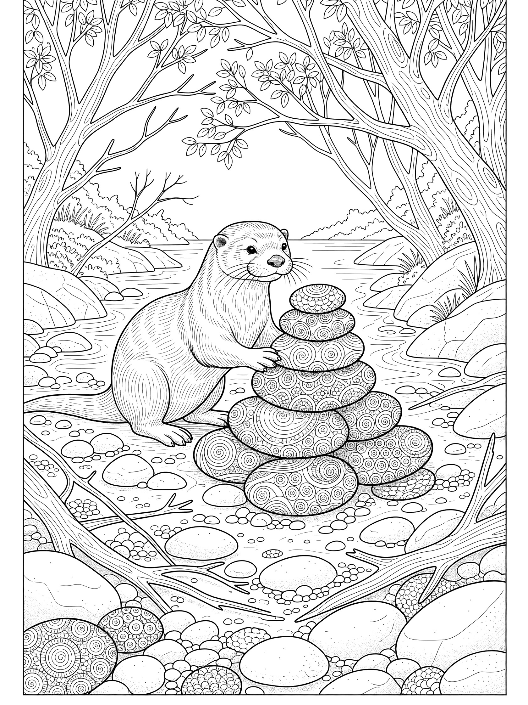 Black and white line art coloring page showing an otter carefully stacking shiny patterned pebbles on a riverbed surrounded by rocks, twigs, branches, and forest trees.