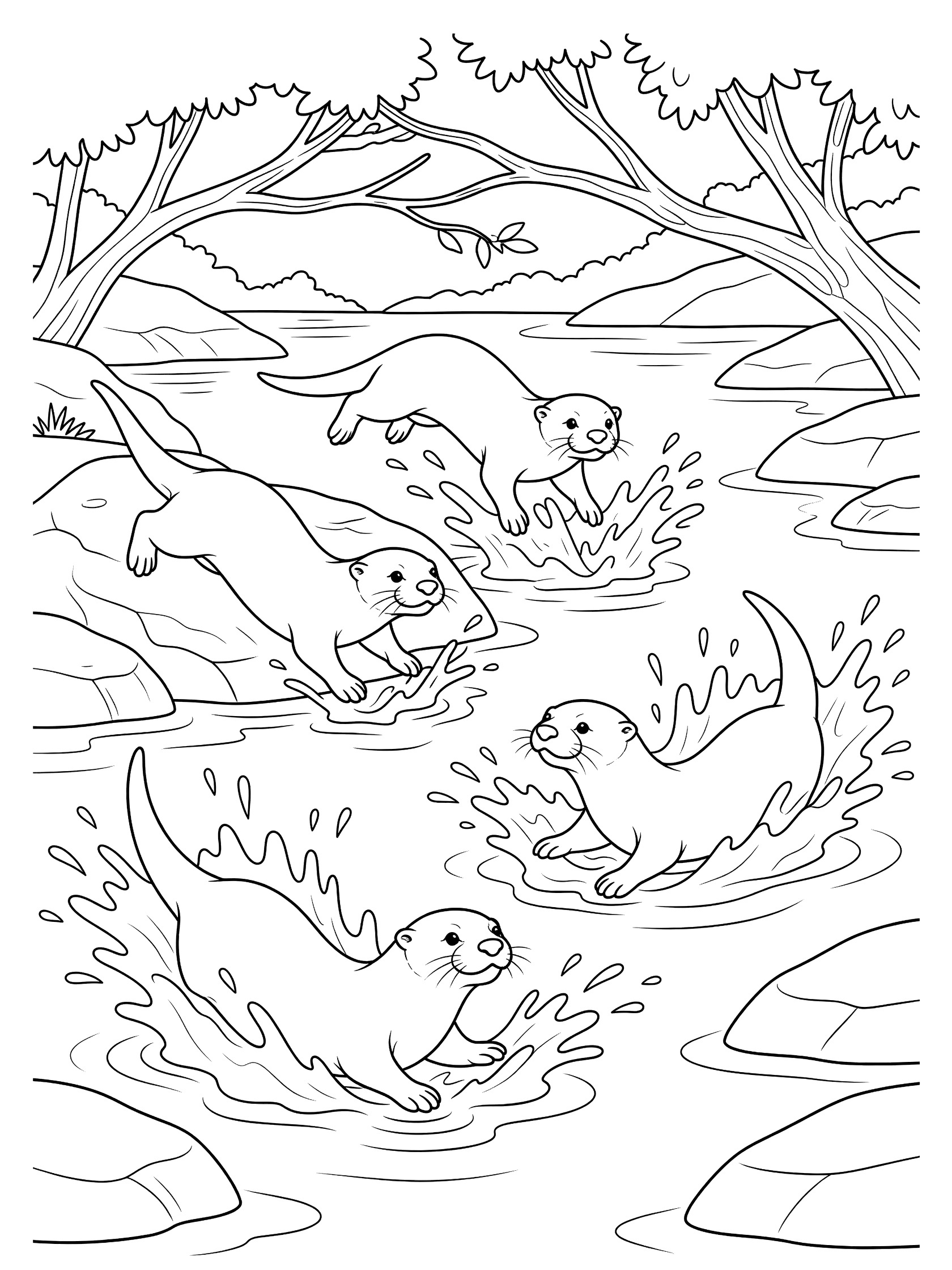 Black and white line art coloring page showing four otters playing in a river, splashing water, jumping from rocks, with overhanging tree branches. Amazon River themed black and white printable line art