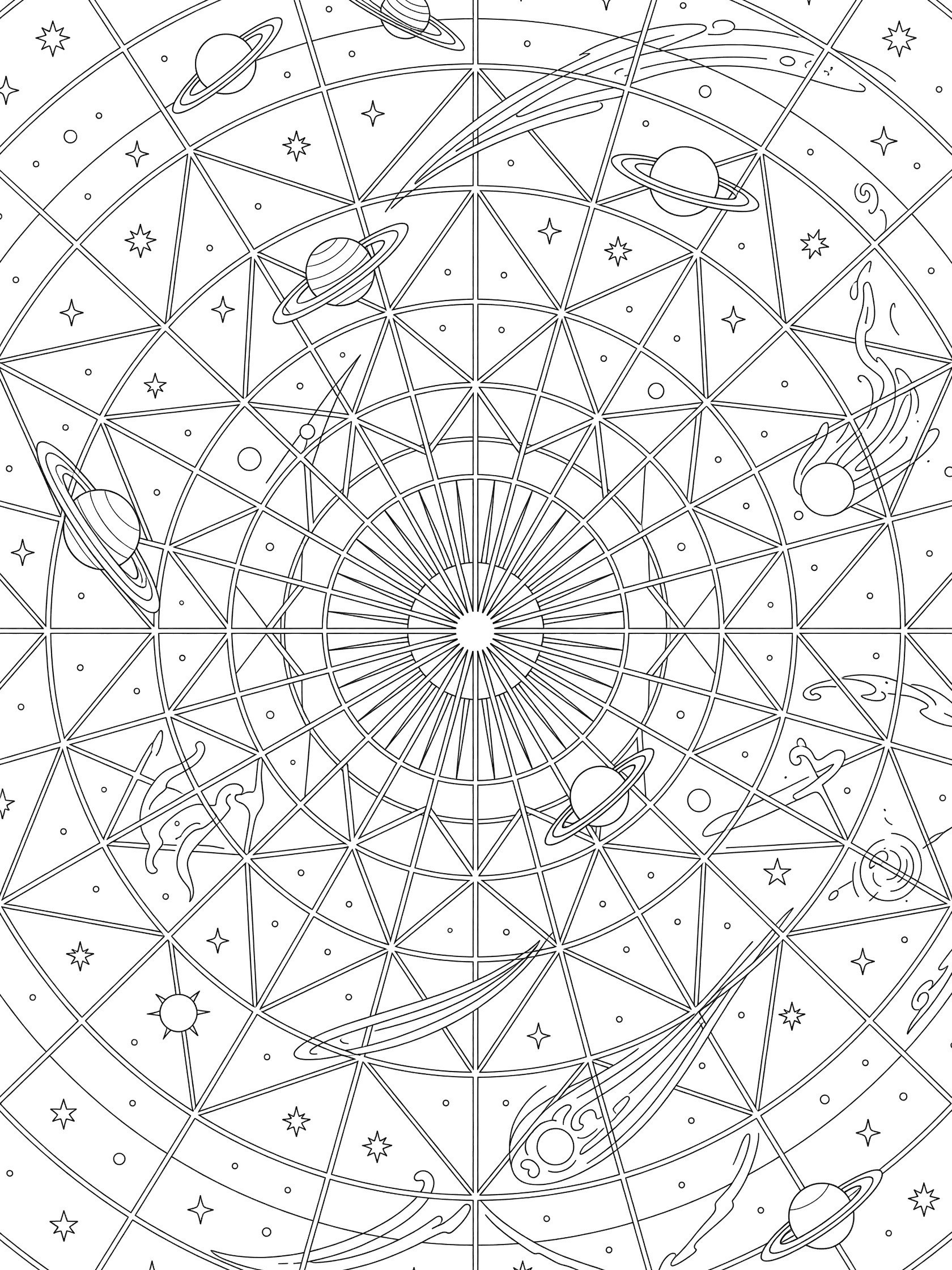 Black and white line art of a radial grids mandala in space with a detailed starburst core, symmetrical grid lines, planets with rings, comets, stars, and nebula swirls.