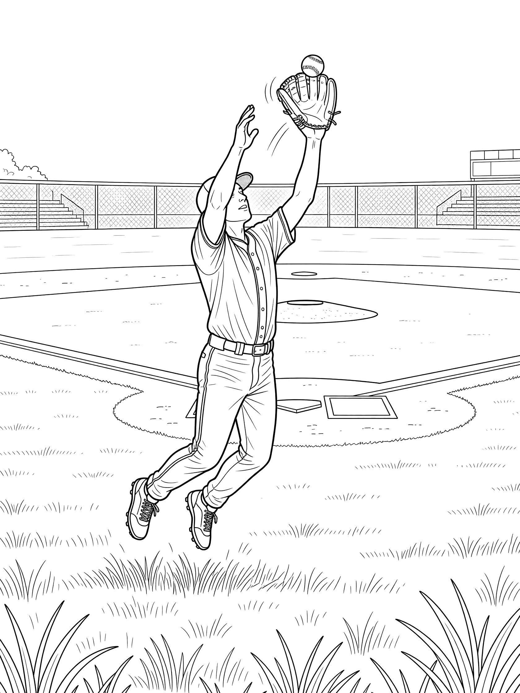 Black and white line art of baseball player in outfield jumping to catch descending baseball ball with glove, grassy field, fence, and diamond visible.