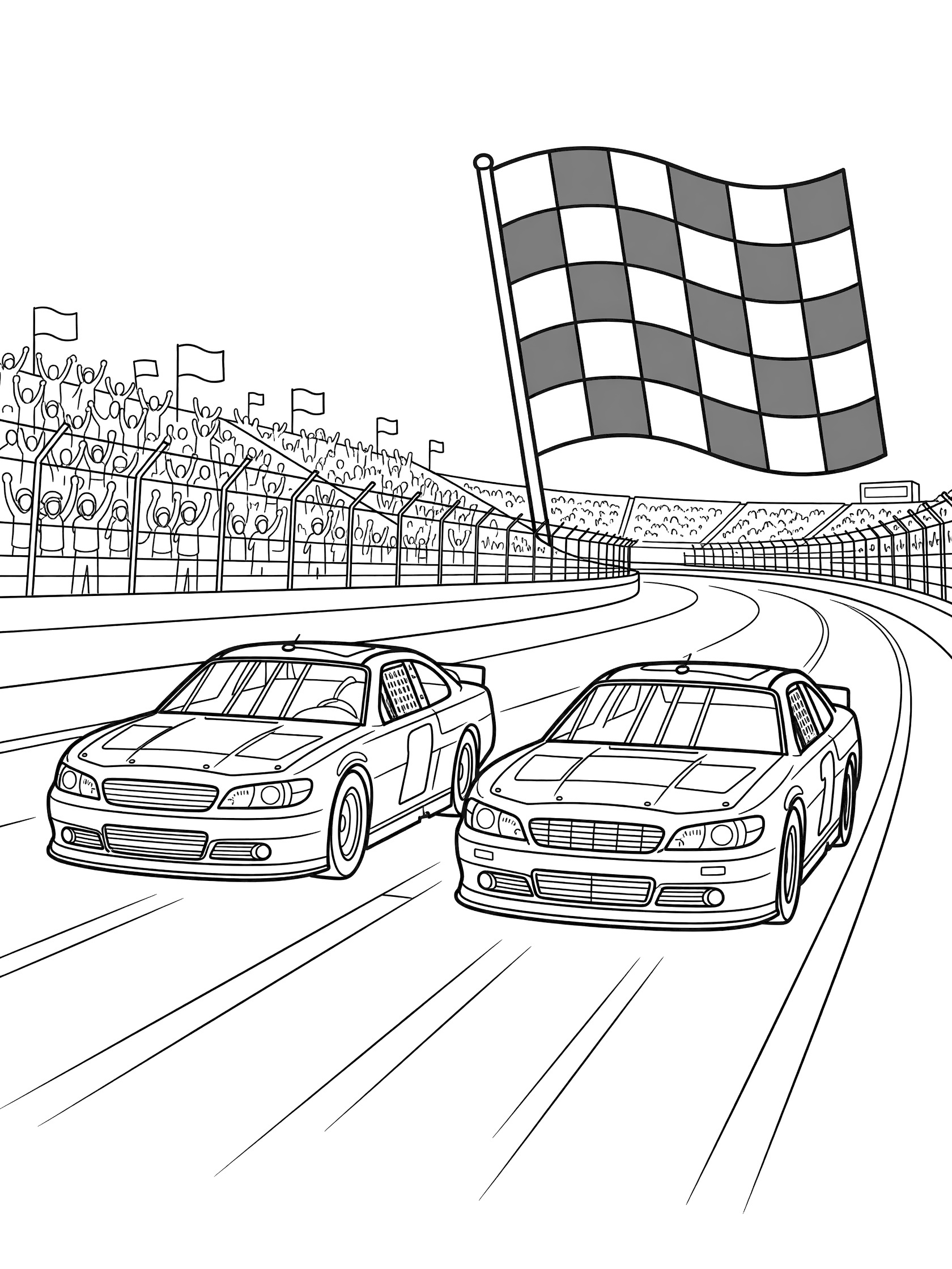 Black and white line art of stock cars dashing to the checkered flag on an oval track straightaway with spectators in the stands