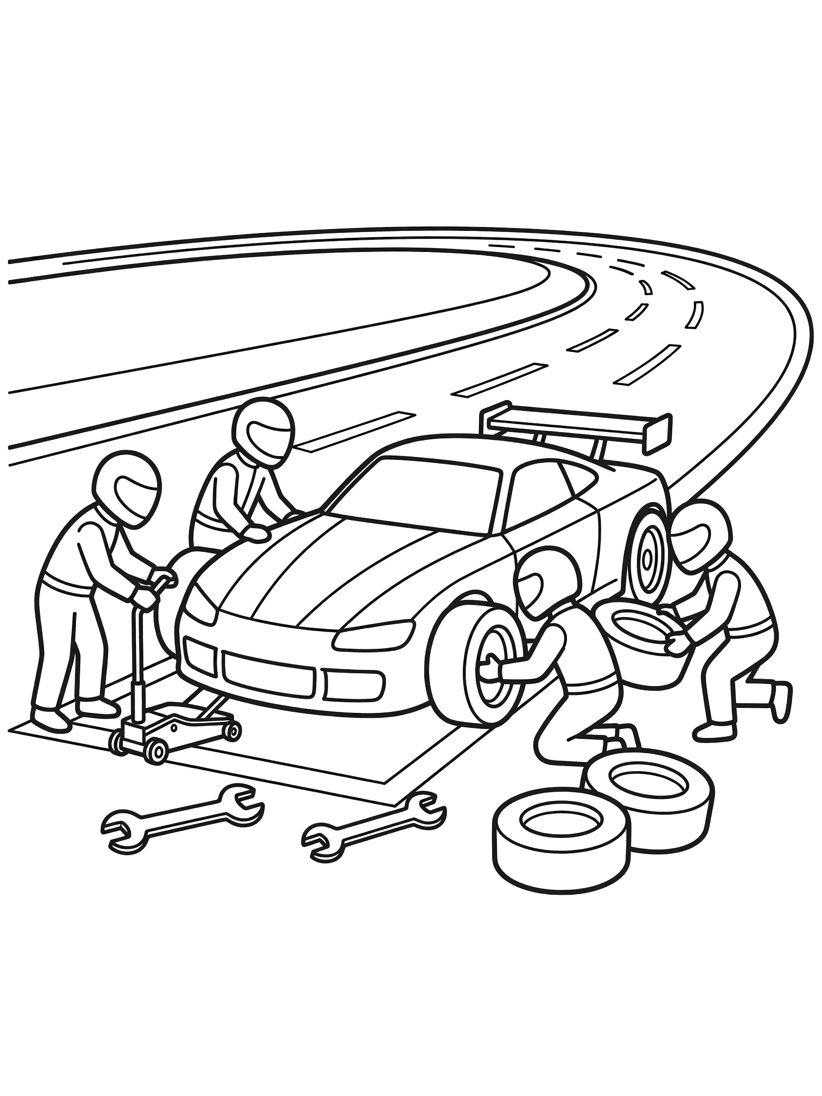 Black and white line art of oval track pit stop action: race car in pit lane with crew changing tires, jack, tools, and spare wheels.