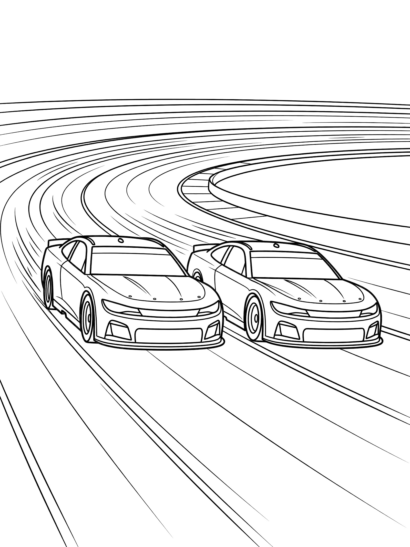 Black and white line art of two stock cars drafting closely side-by-side down the oval track with motion lines and curved banked turns in the background