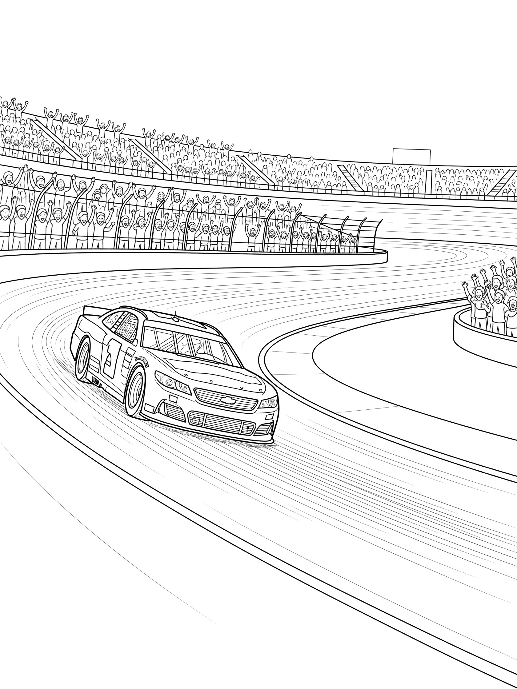 Black-and-white coloring page of a stock car speeding through a sharp banked turn on an oval track, grandstands full of fans on the side