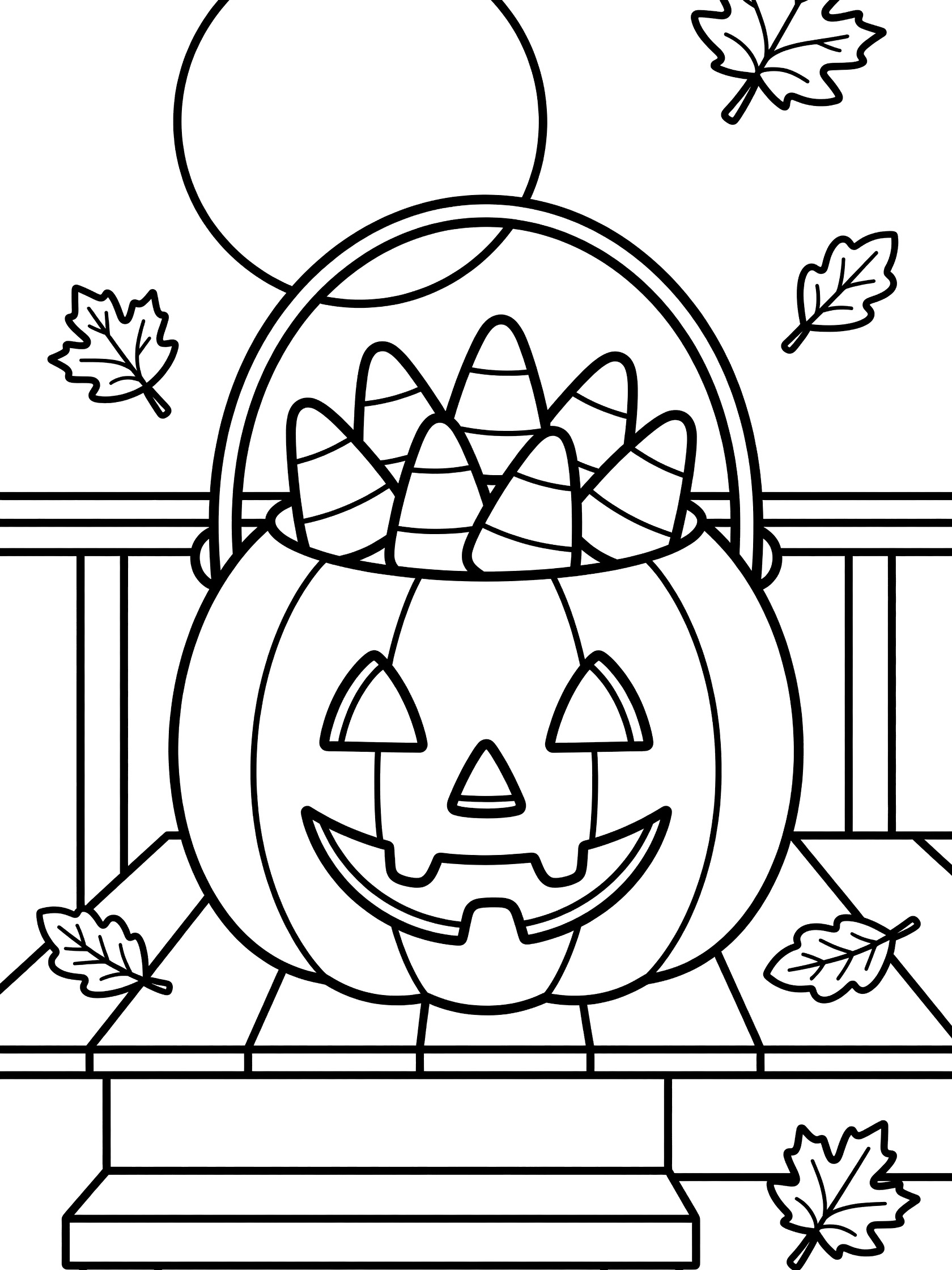 Black and white line art of a smiling pumpkin-shaped bucket full of stacked candy corn pieces, on a porch with full moon and fall leaves in the background.