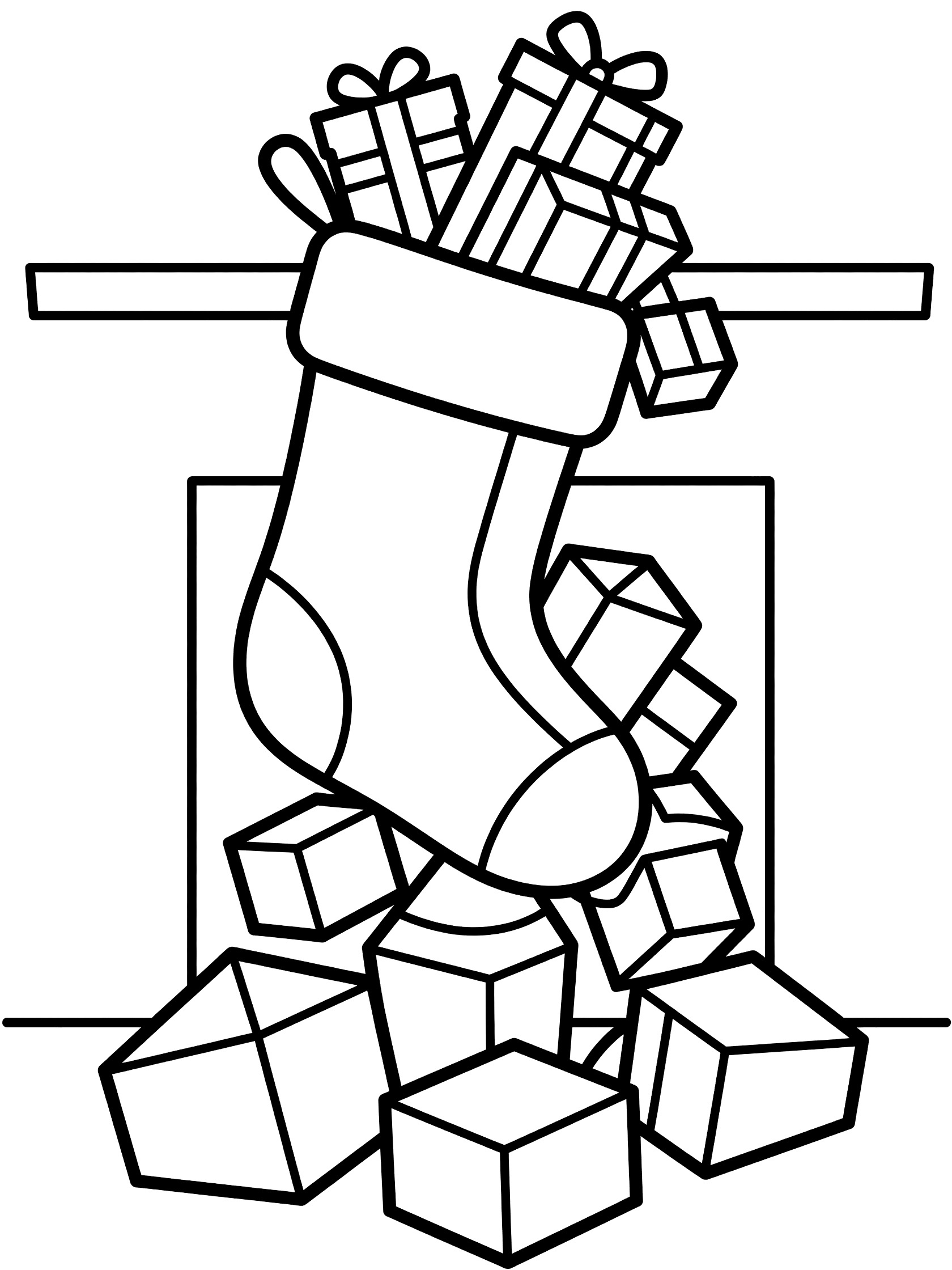 Black and white line art of a large Christmas stocking filled with tumbling gift boxes, hanging over a simple fireplace hearth