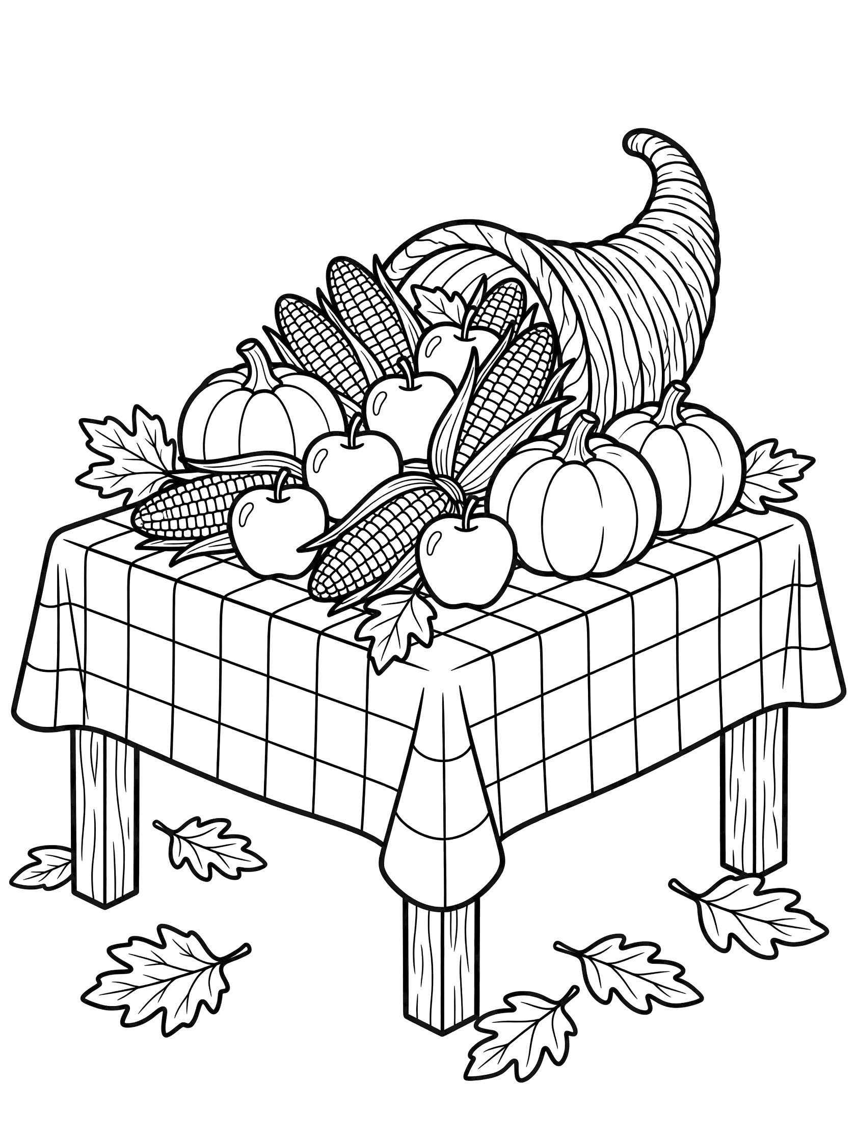 Line art coloring page showing a cornucopia full of apples pumpkins ears of corn on a wooden table with checkered cloth and scattered autumn leaves