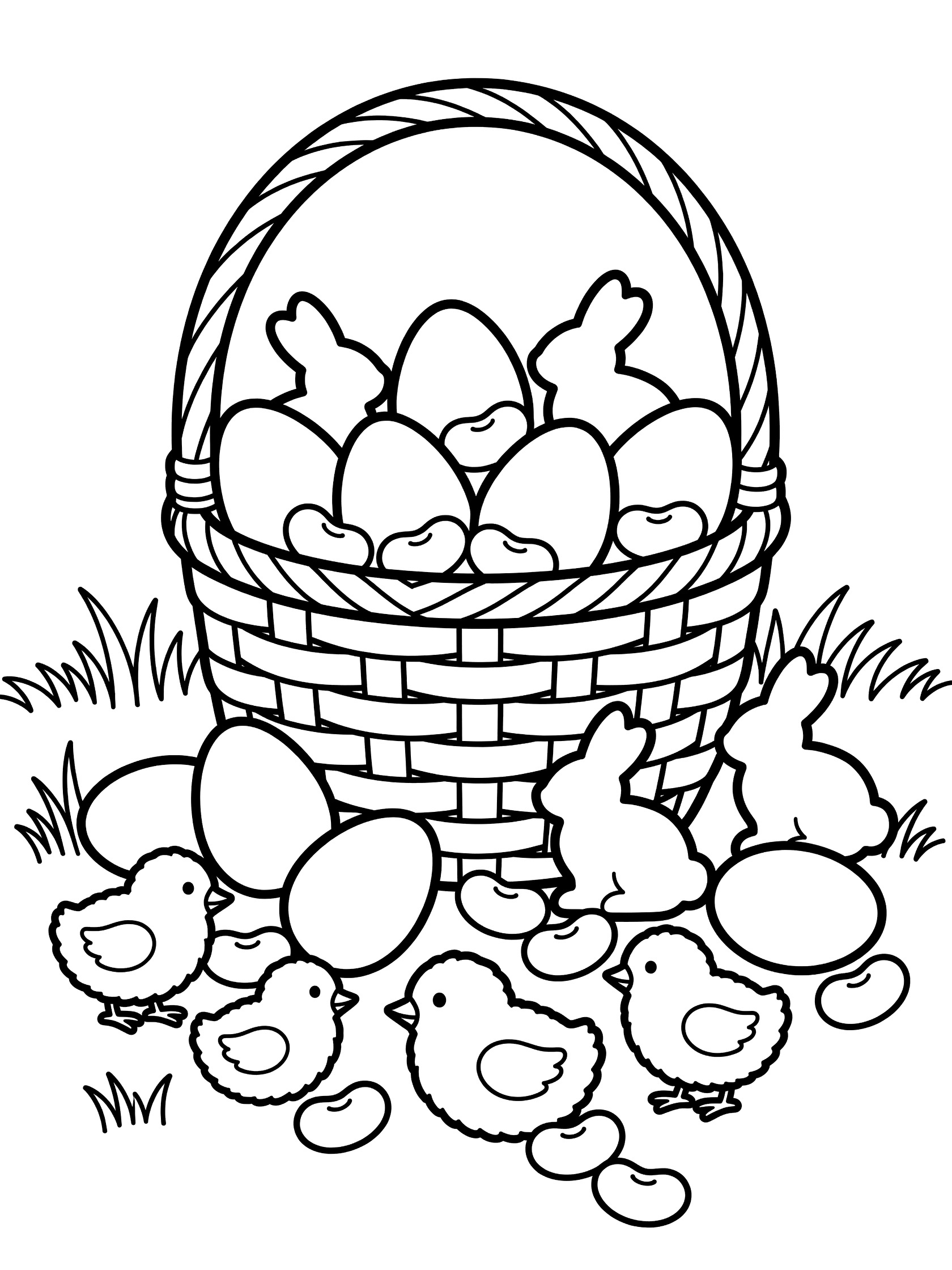 Black and white coloring page of an Easter basket overflowing with eggs, chocolate bunnies, jelly beans, fluffy chicks and grass.