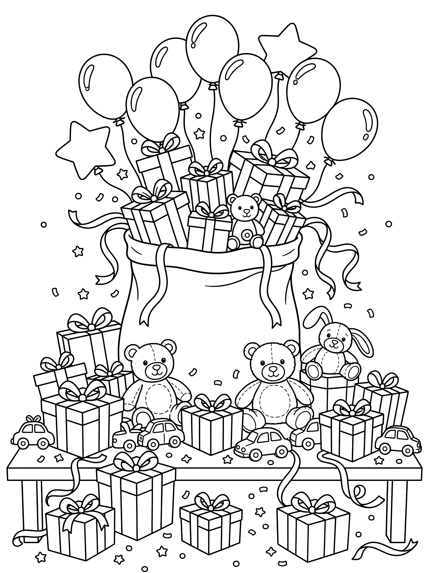 Line art coloring page showing a large open gift bag full of wrapped presents, teddy bears, toy cars, balloons and ribbons spilling out on a table with confetti.