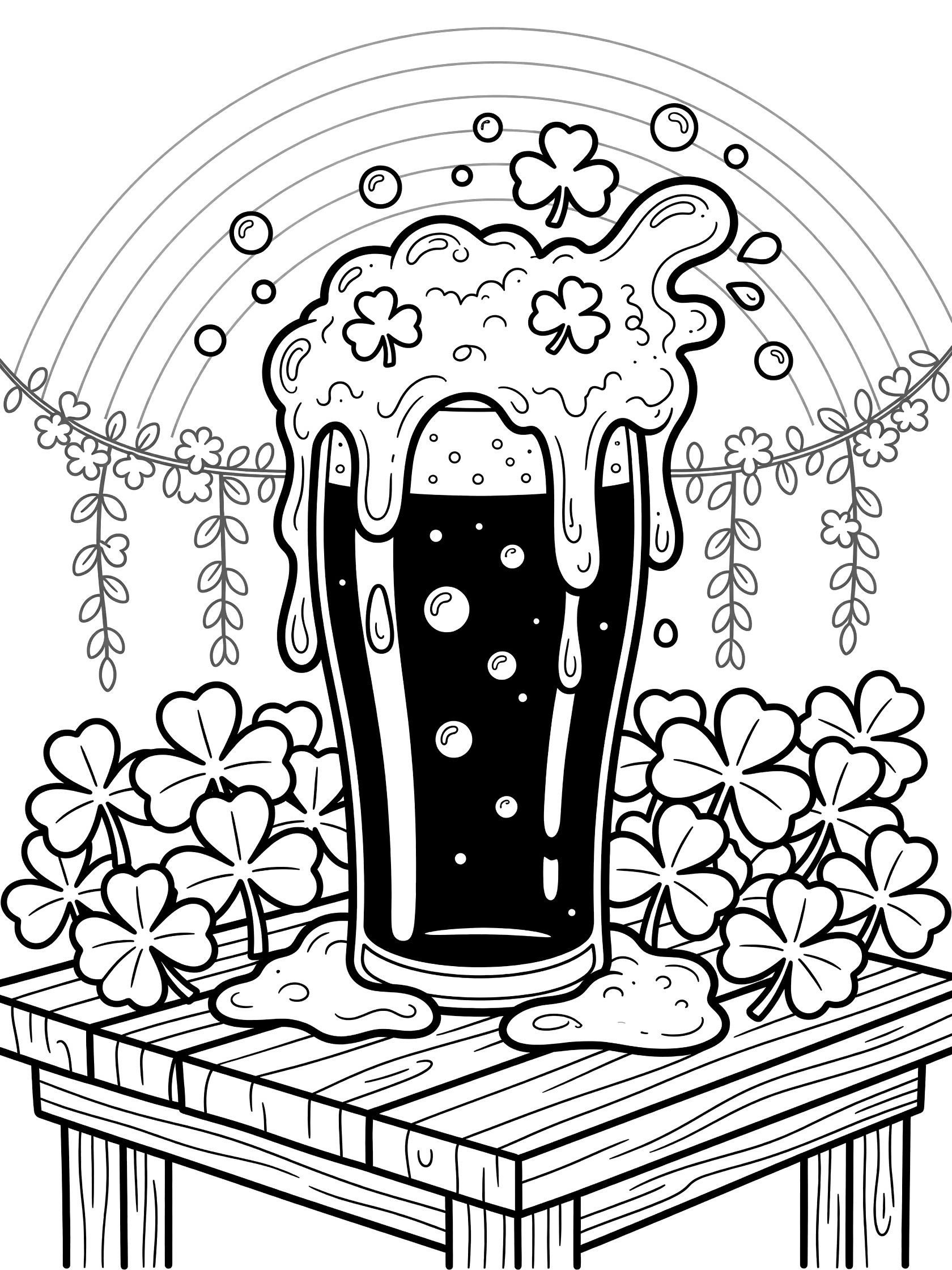 St. Patrick's Day coloring page featuring a tall pint glass of beer overflowing with frothy foam, shamrock bubbles, clovers around the wooden table base, green garlands, and faint rainbow background.