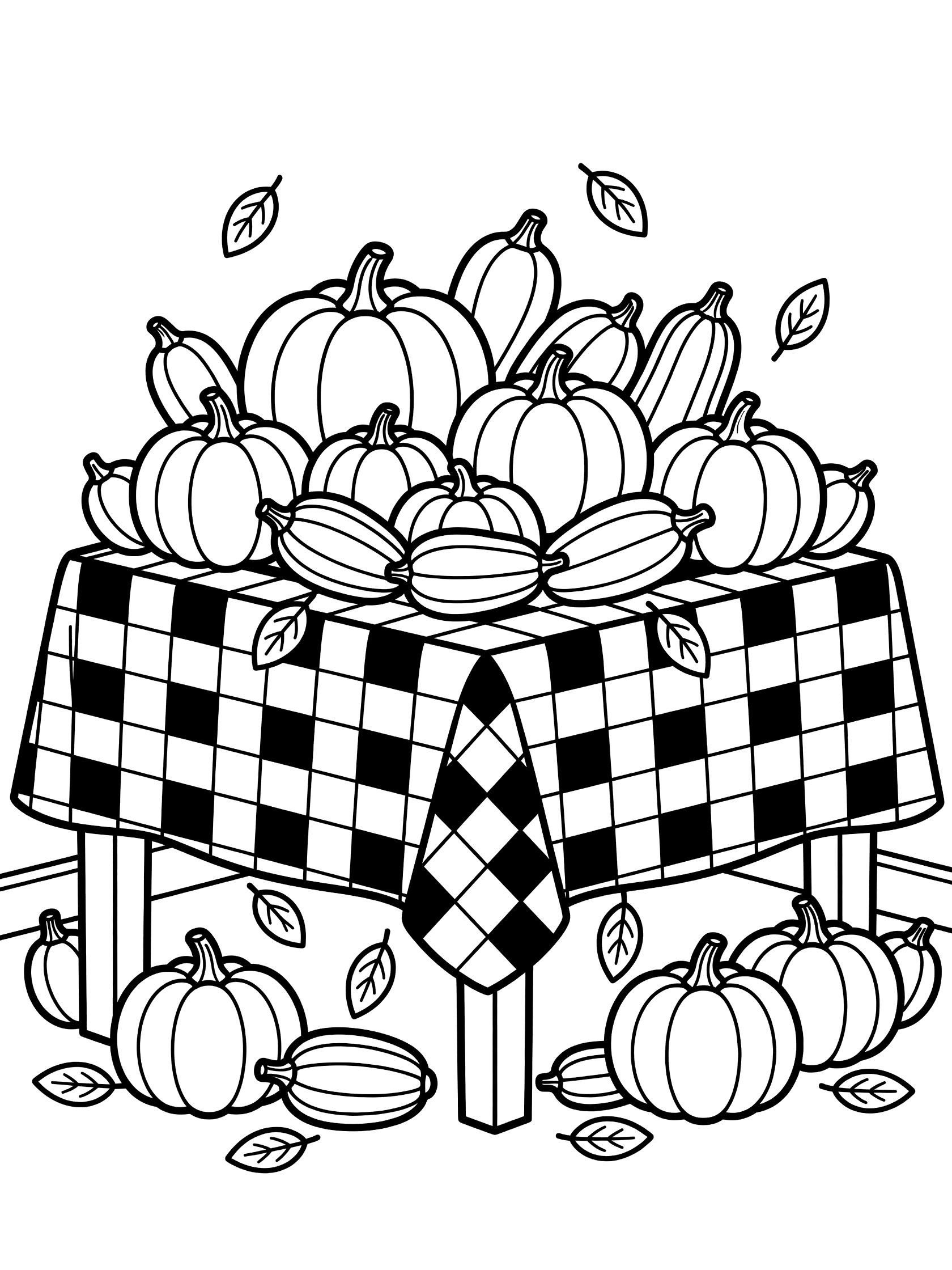 Cute cartoon harvest table coloring page showing pumpkins and squash spilling over checkered cloth with falling autumn leaves