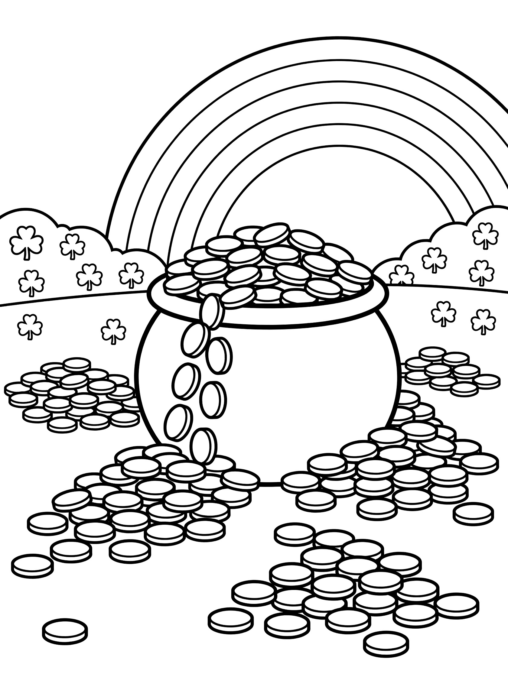 Black and white line art coloring page showing a large pot of gold spilling coins over a meadow, under a rainbow with shamrocks and hills.