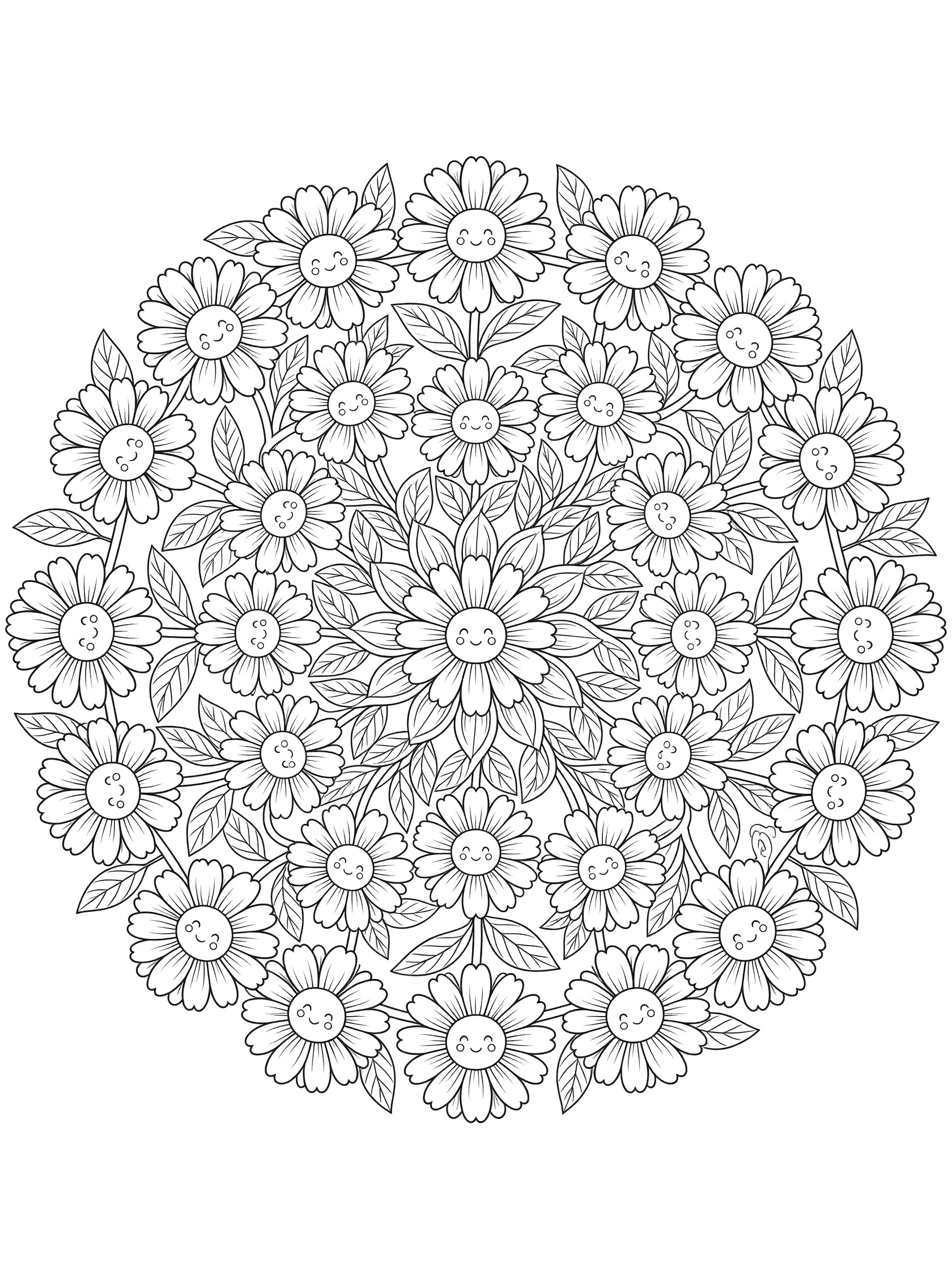 Black and white line art of a Daisy Mandala featuring numerous cute overlapping daisy flowers with smiling faces, intricate petals, stems and leaves forming a large symmetric circle.