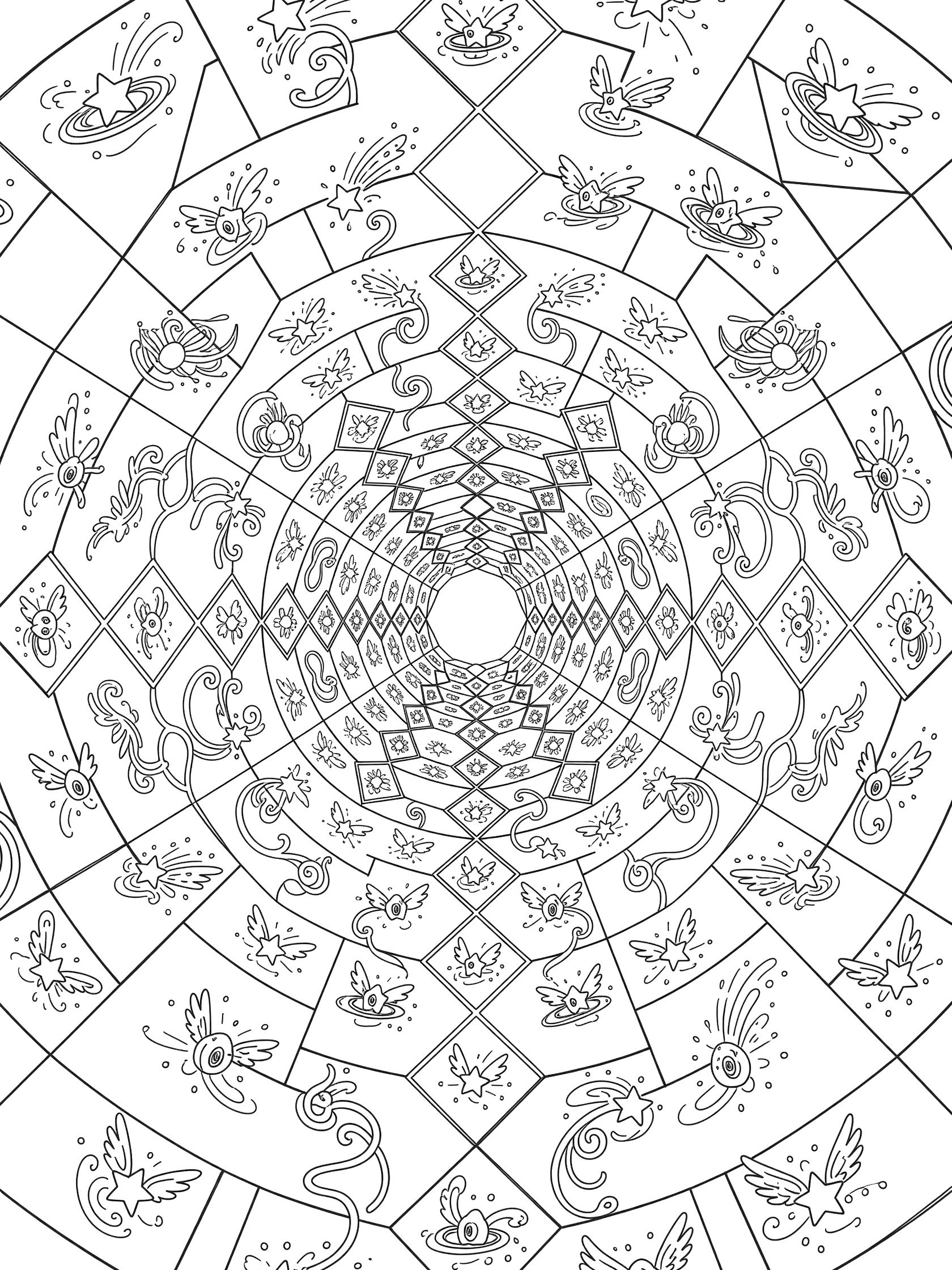 Black and white coloring page of whimsical overlapping grids of squares, diamonds and hexagons with doodle stars, curly vines and tiny winged orbs at intersections.