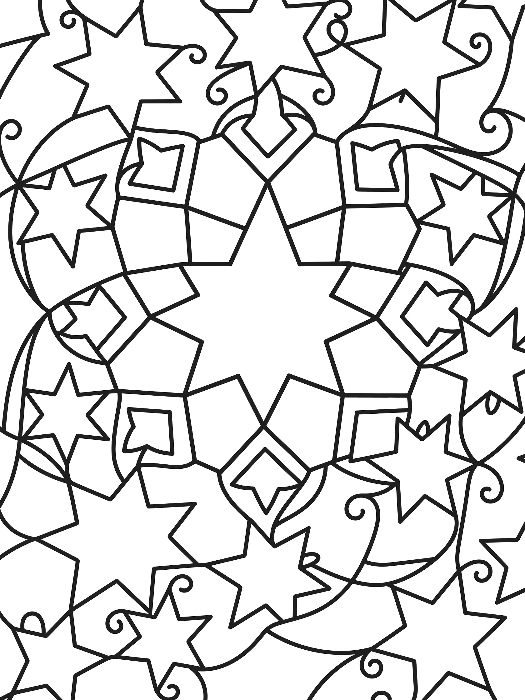 Black and white coloring page with overlapping polygon stars forming a mandala, large central star made of triangles and squares, curly extensions on points, clean bold outlines.