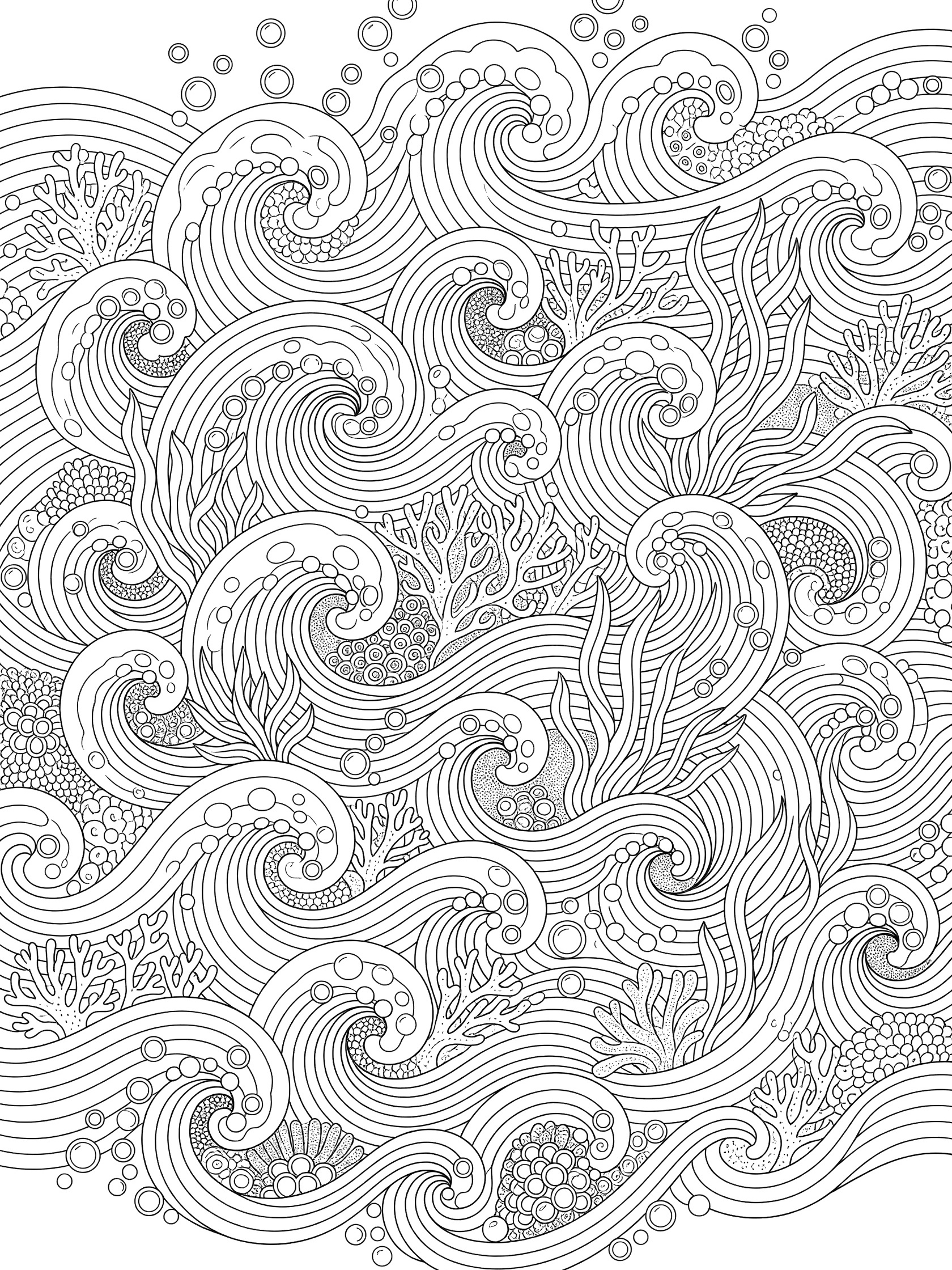Detailed black-and-white line art coloring page with overlapping geometric waves, bubbles, seaweed, and coral in an underwater mandala style.